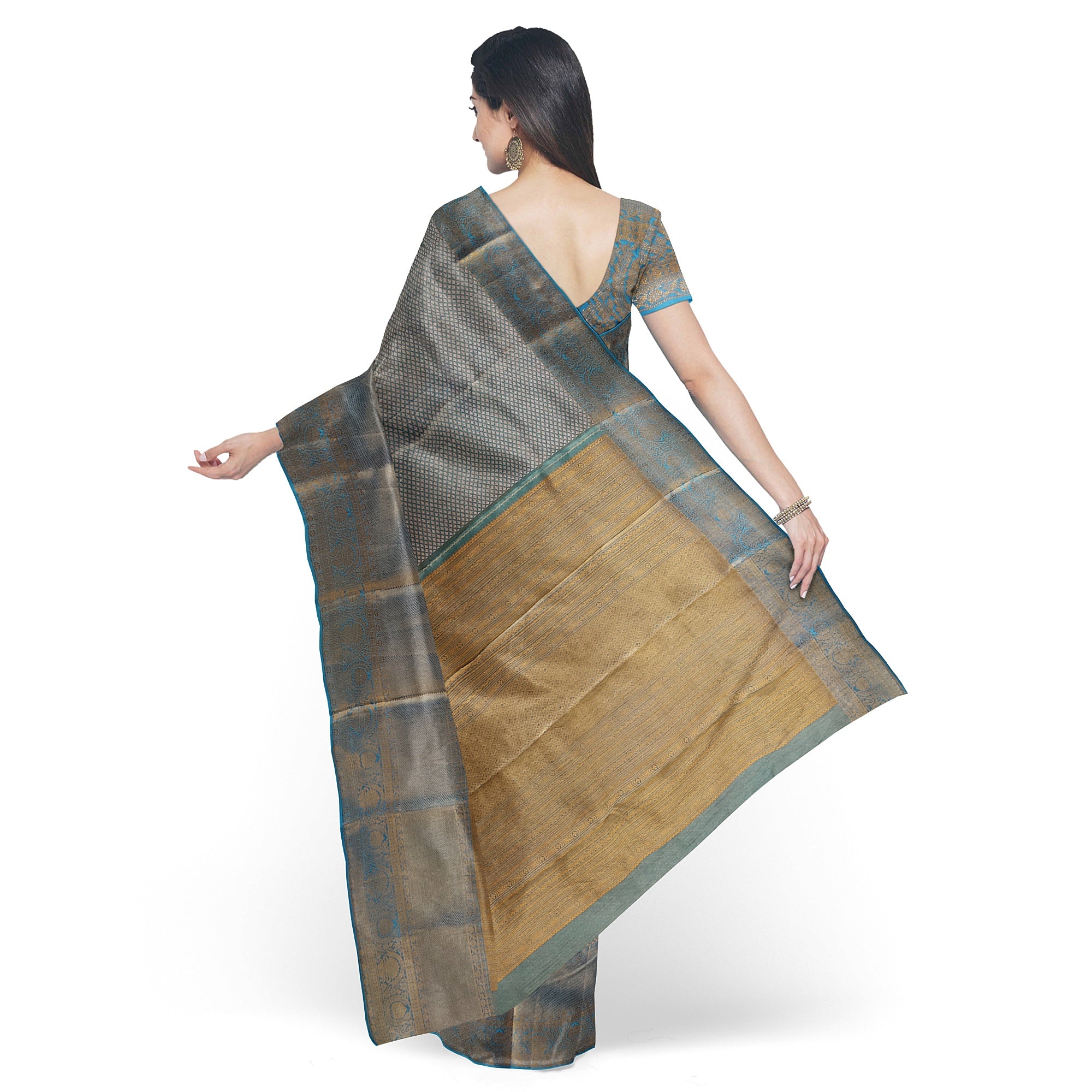 Blue & Gold Tissue Silk Saree with Gold Double Shade – Grand Traditional Look