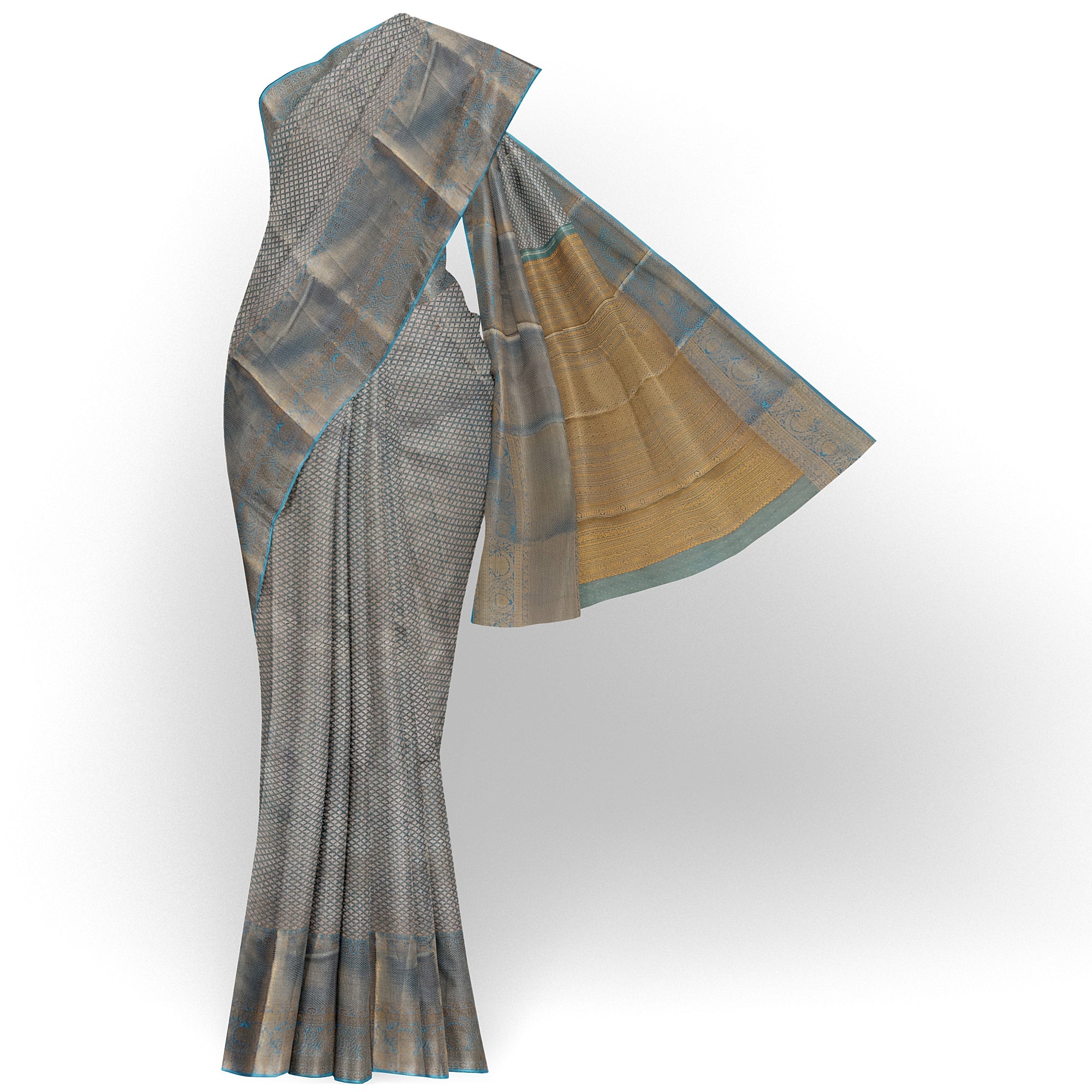 Blue & Gold Tissue Silk Saree with Gold Double Shade – Grand Traditional Look