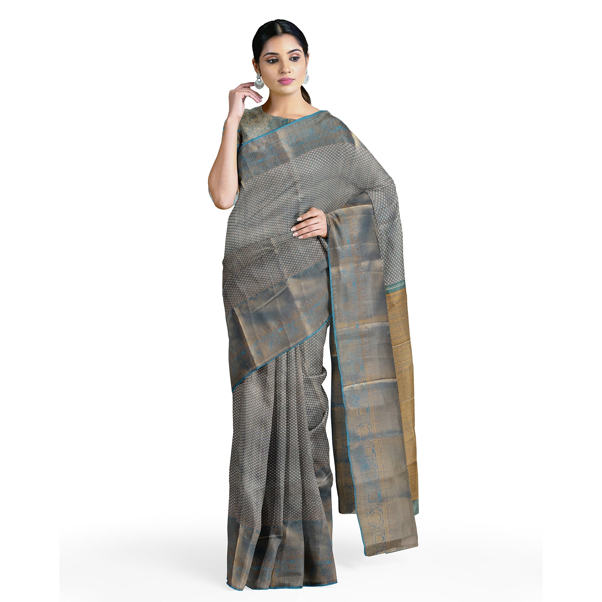 Blue & Gold Tissue Silk Saree with Gold Double Shade – Grand Traditional Look