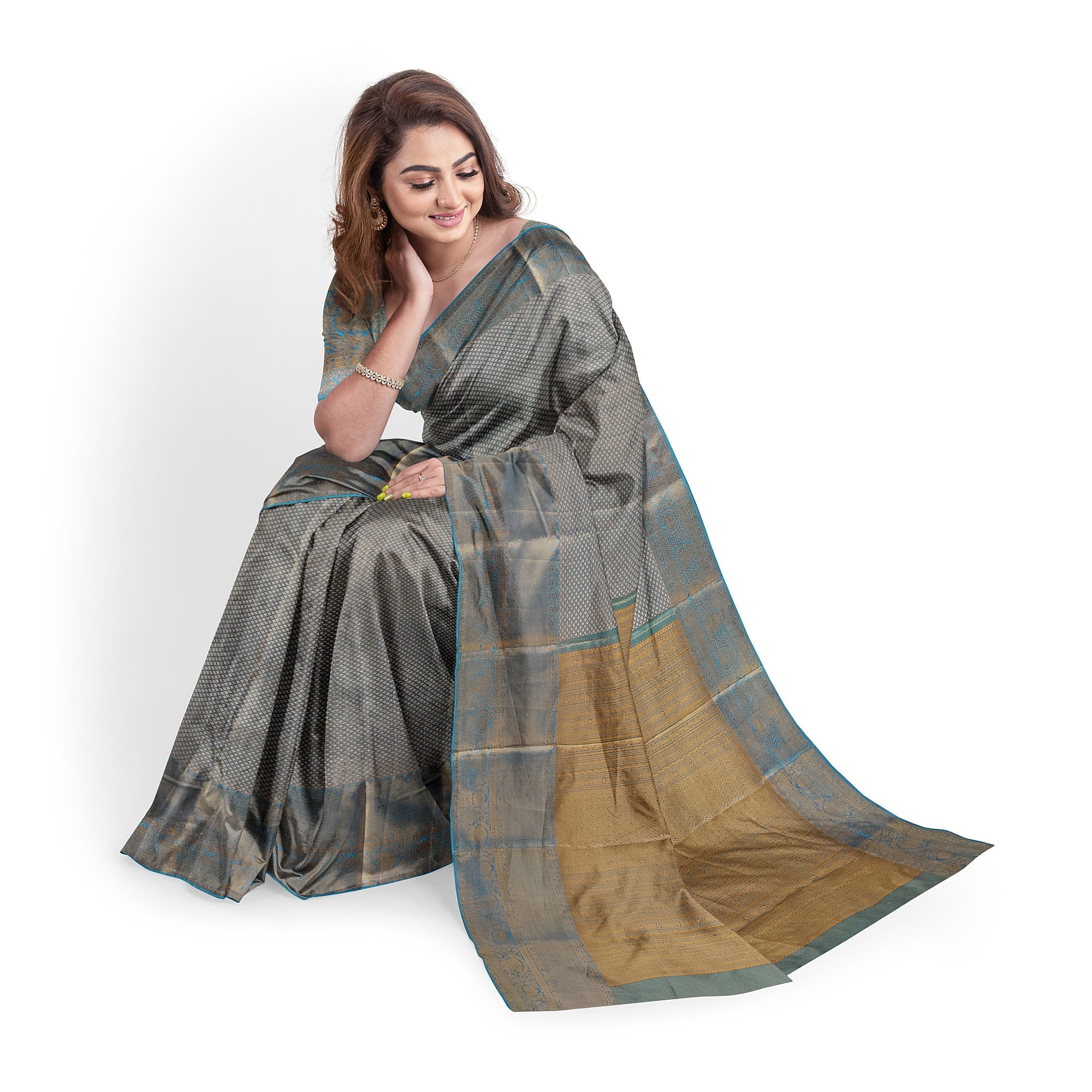 Blue & Gold Tissue Silk Saree with Gold Double Shade – Grand Traditional Look