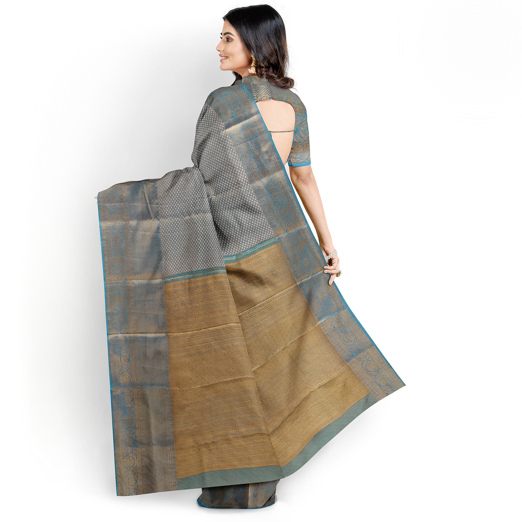 Blue & Gold Tissue Silk Saree with Gold Double Shade – Grand Traditional Look