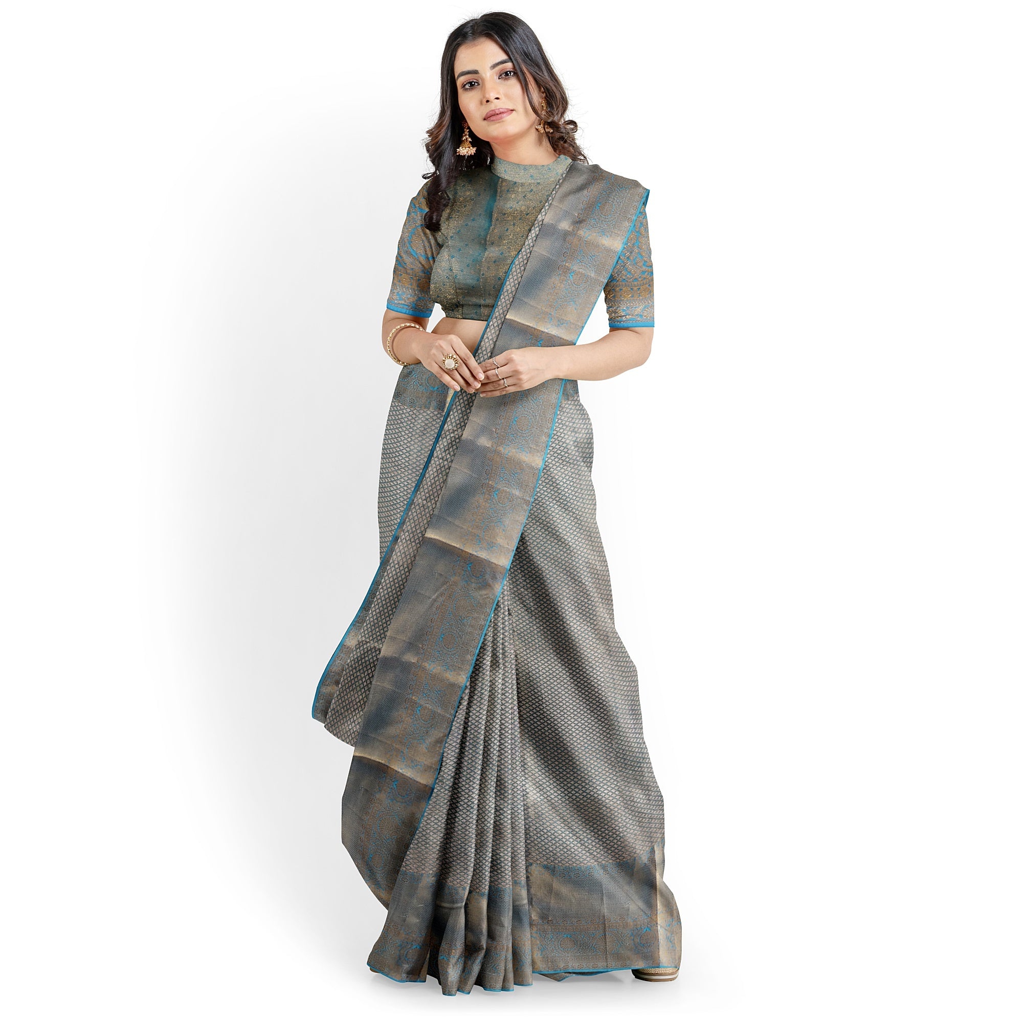 Blue & Gold Tissue Silk Saree with Gold Double Shade – Grand Traditional Look