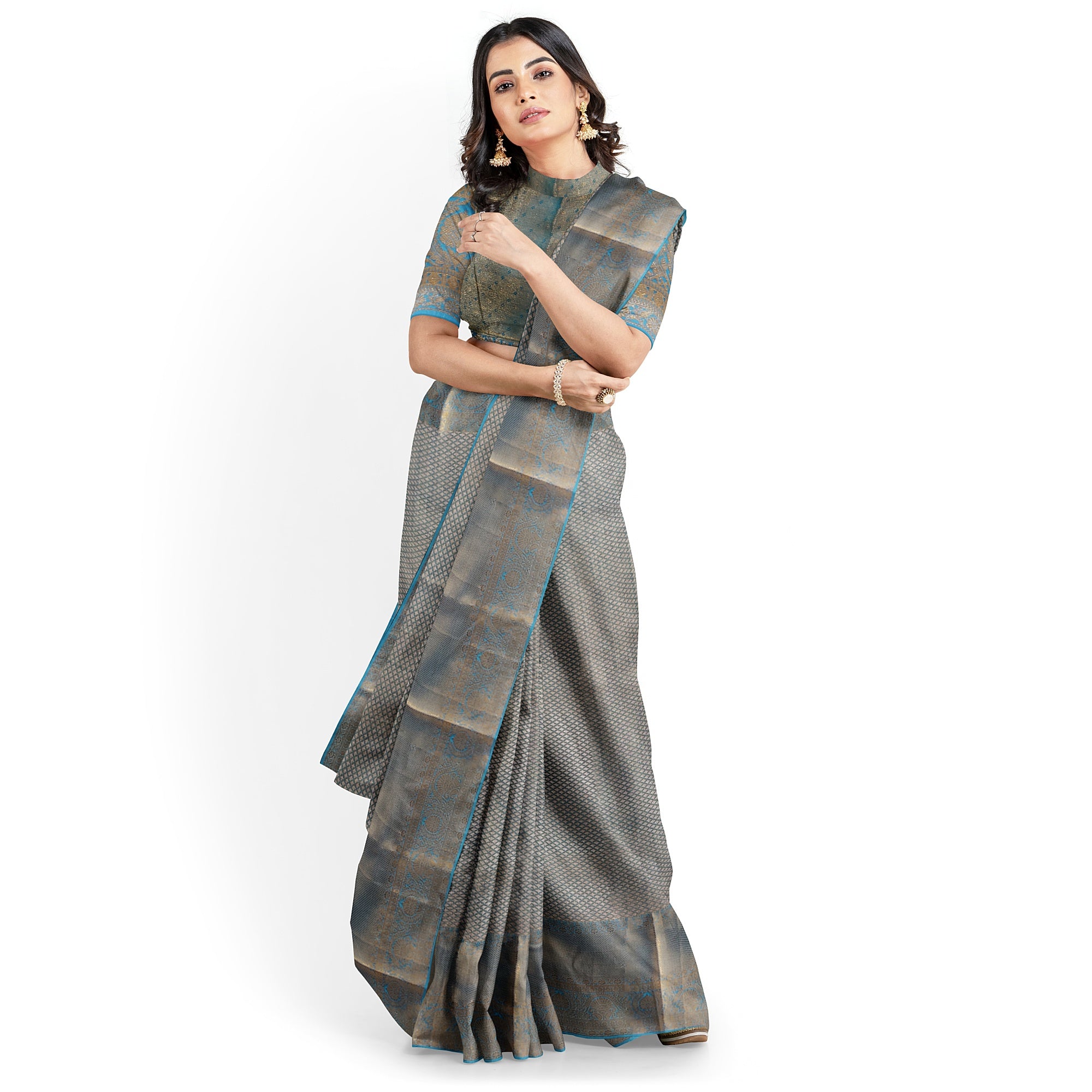 Blue & Gold Tissue Silk Saree with Gold Double Shade – Grand Traditional Look