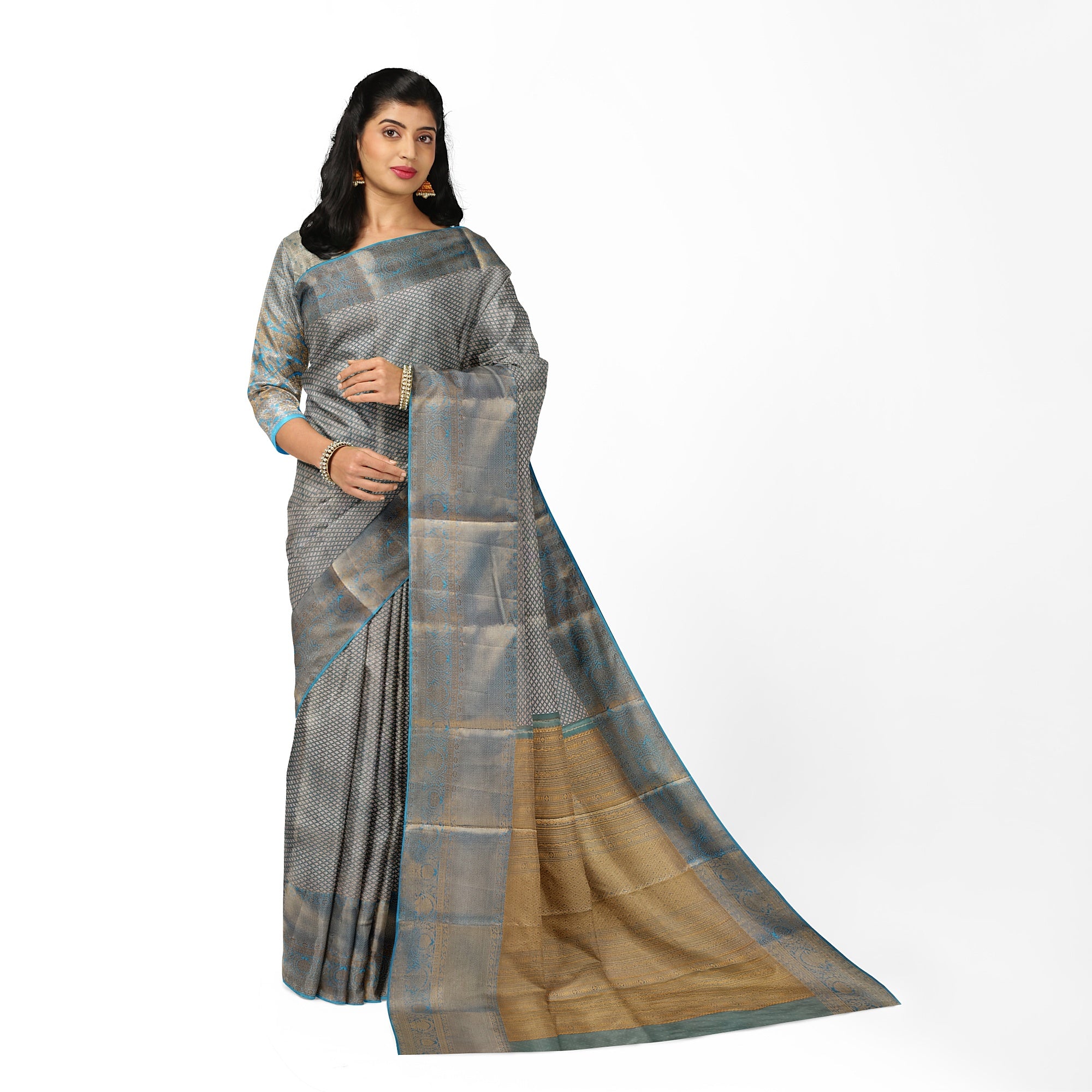 Blue & Gold Tissue Silk Saree with Gold Double Shade – Grand Traditional Look