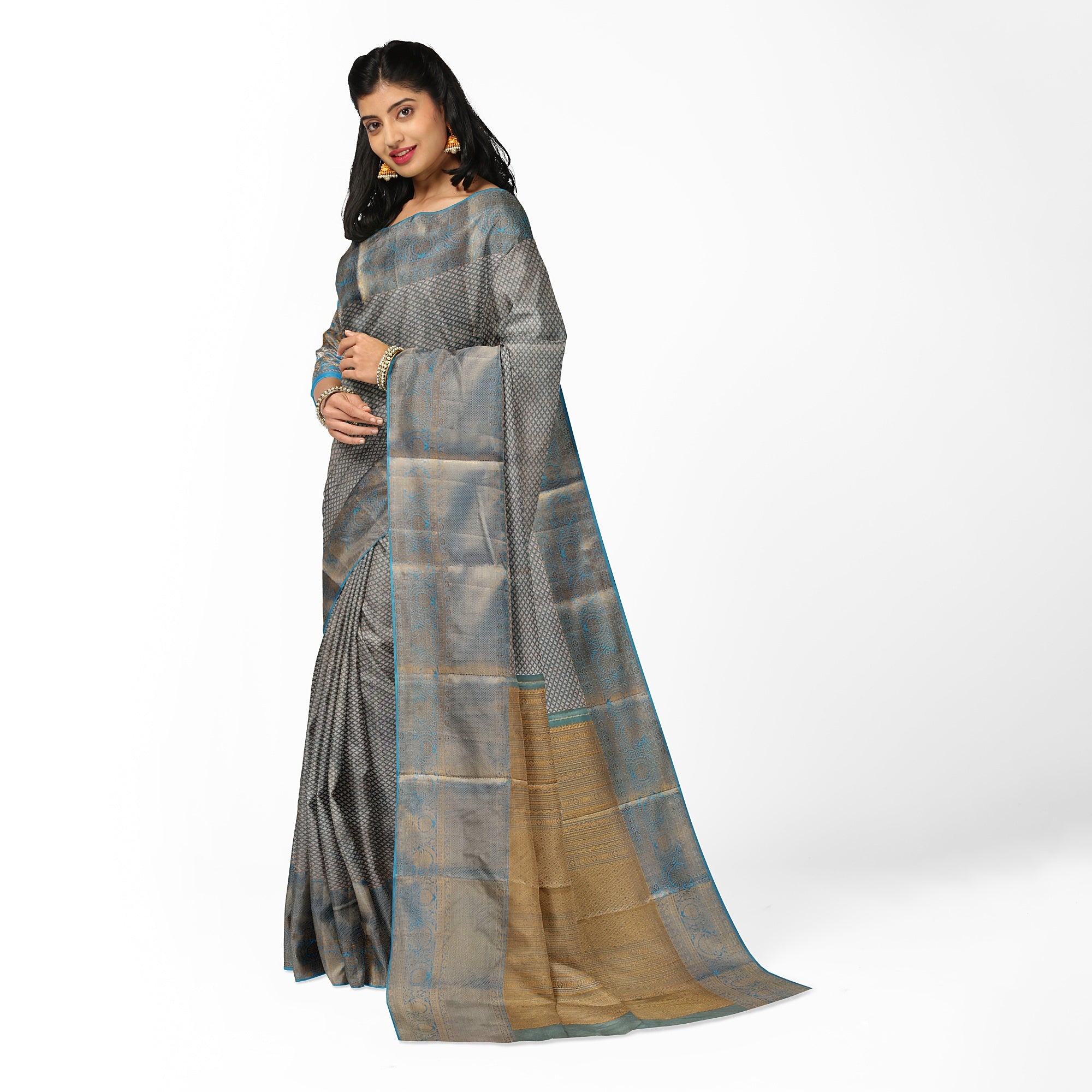 Blue & Gold Tissue Silk Saree with Gold Double Shade – Grand Traditional Look