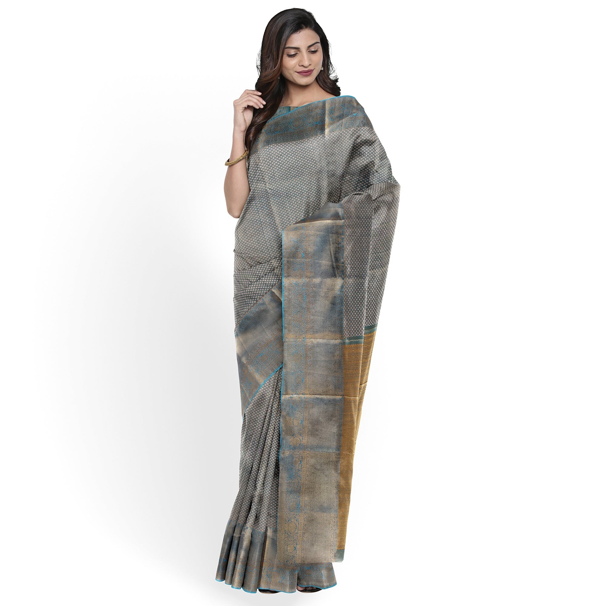 Blue & Gold Tissue Silk Saree with Gold Double Shade – Grand Traditional Look