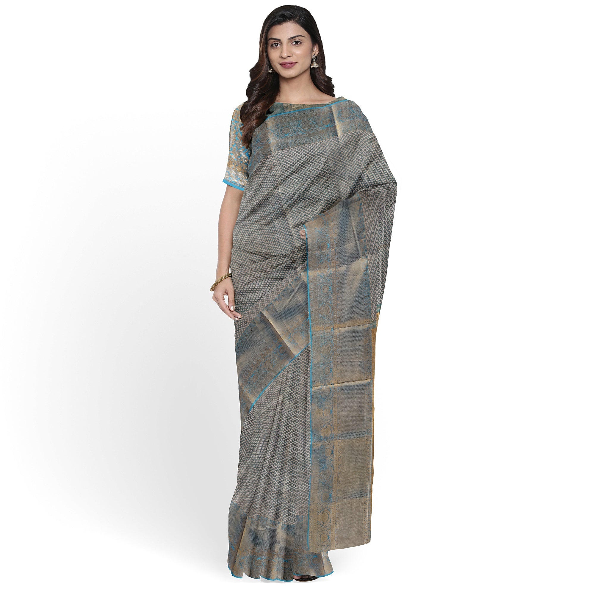 Blue & Gold Tissue Silk Saree with Gold Double Shade – Grand Traditional Look