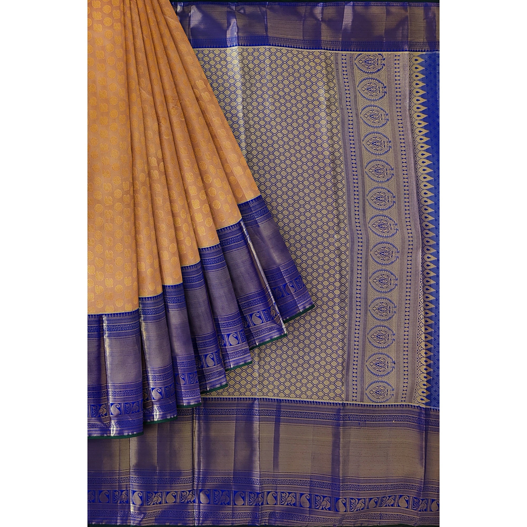 Peach Semi Tissue Silk Saree with Navy Blue Border – Traditional Elegance