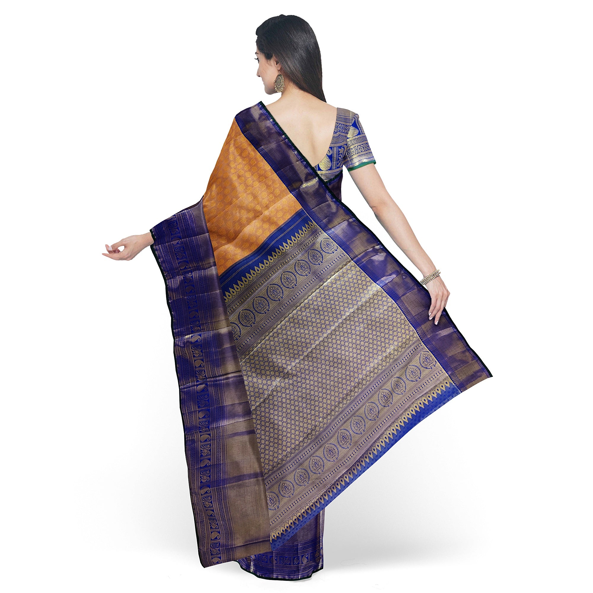 Peach Semi Tissue Silk Saree with Navy Blue Border – Traditional Elegance