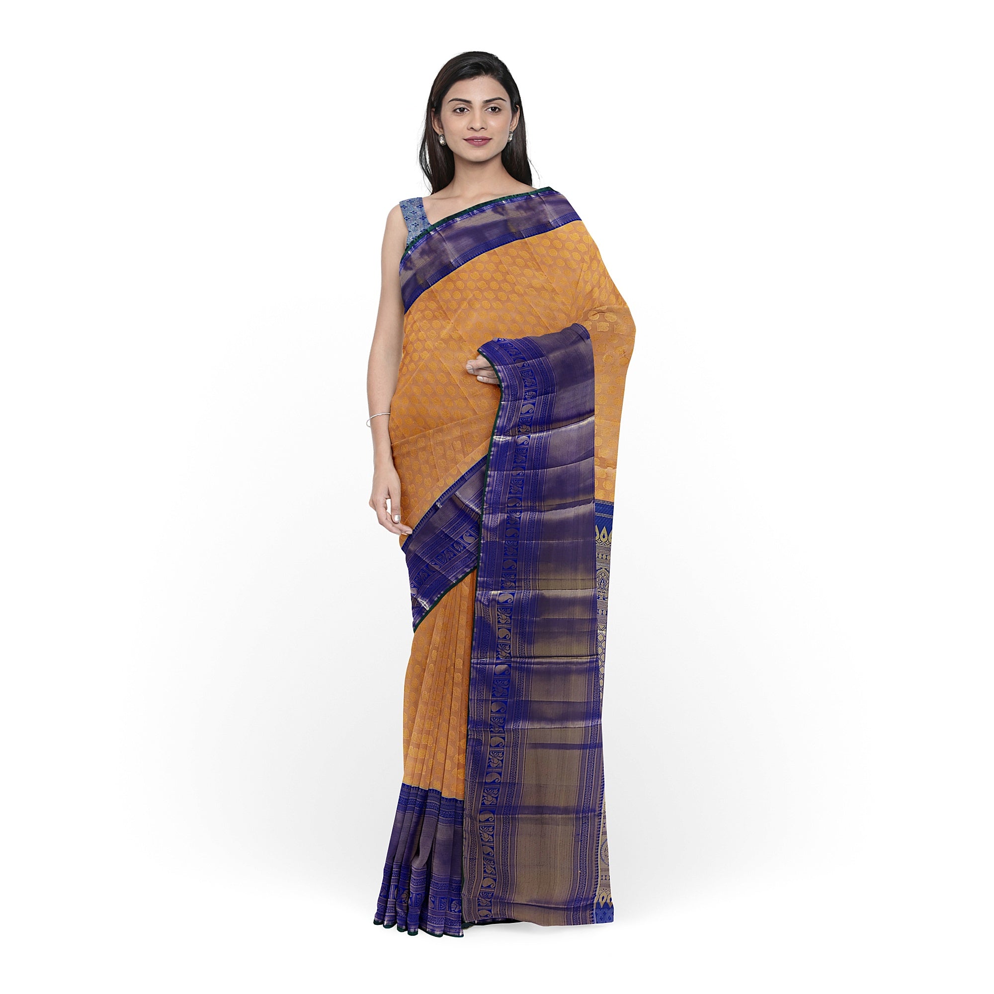 Peach Semi Tissue Silk Saree with Navy Blue Border – Traditional Elegance