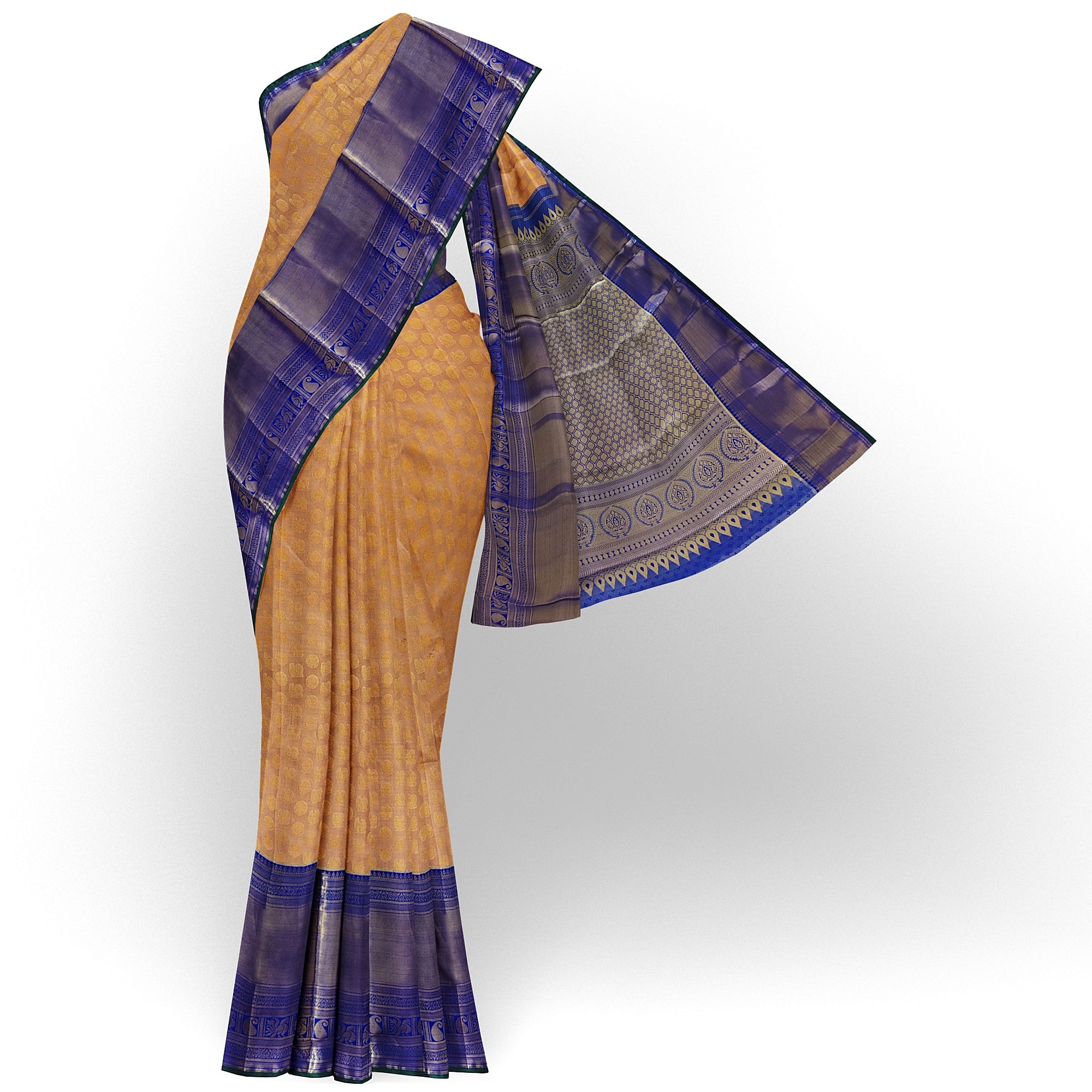Peach Semi Tissue Silk Saree with Navy Blue Border – Traditional Elegance
