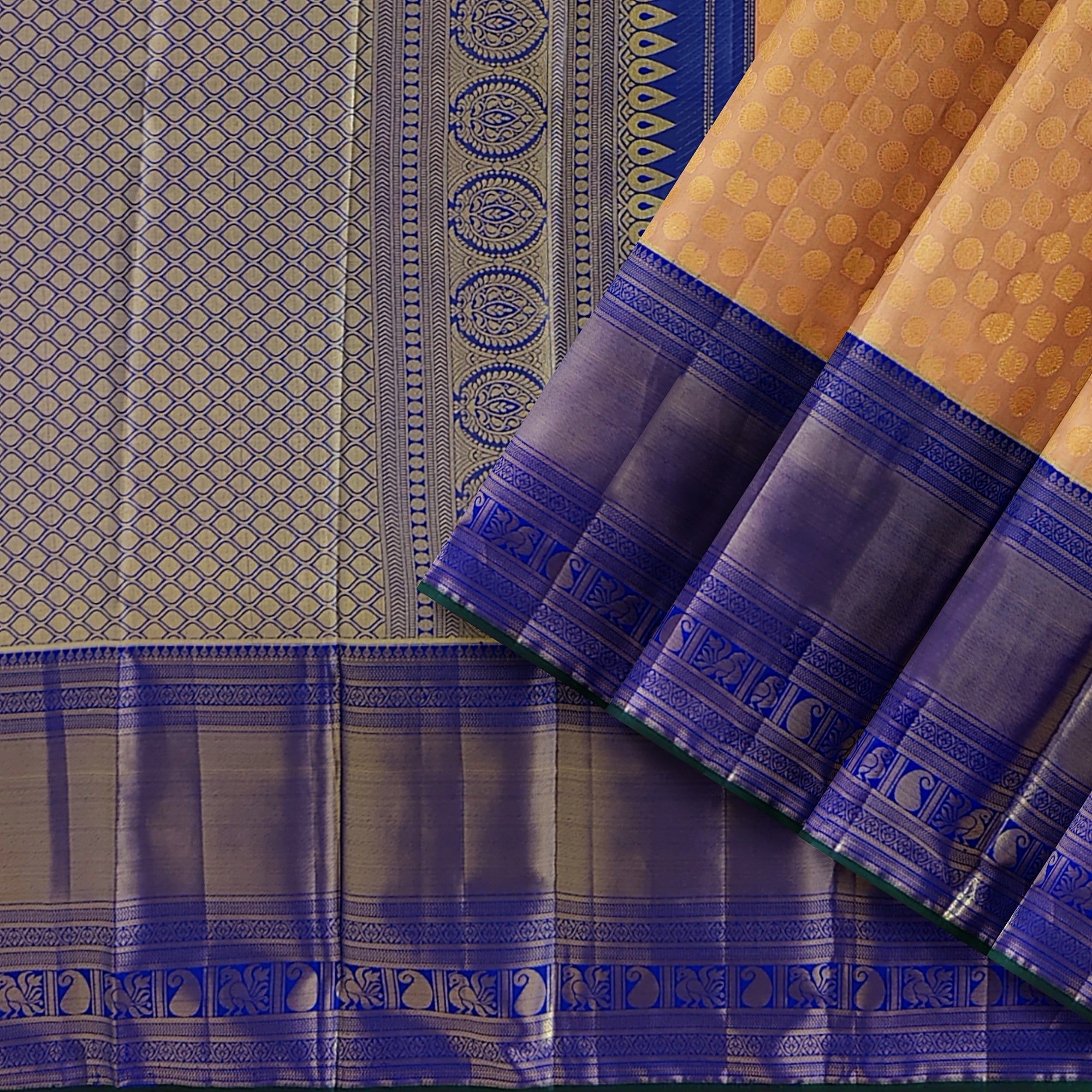 Peach Semi Tissue Silk Saree with Navy Blue Border – Traditional Elegance