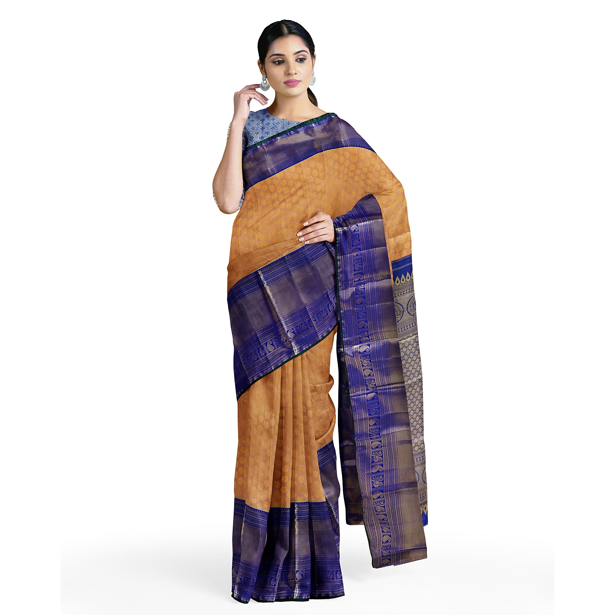 Peach Semi Tissue Silk Saree with Navy Blue Border – Traditional Elegance