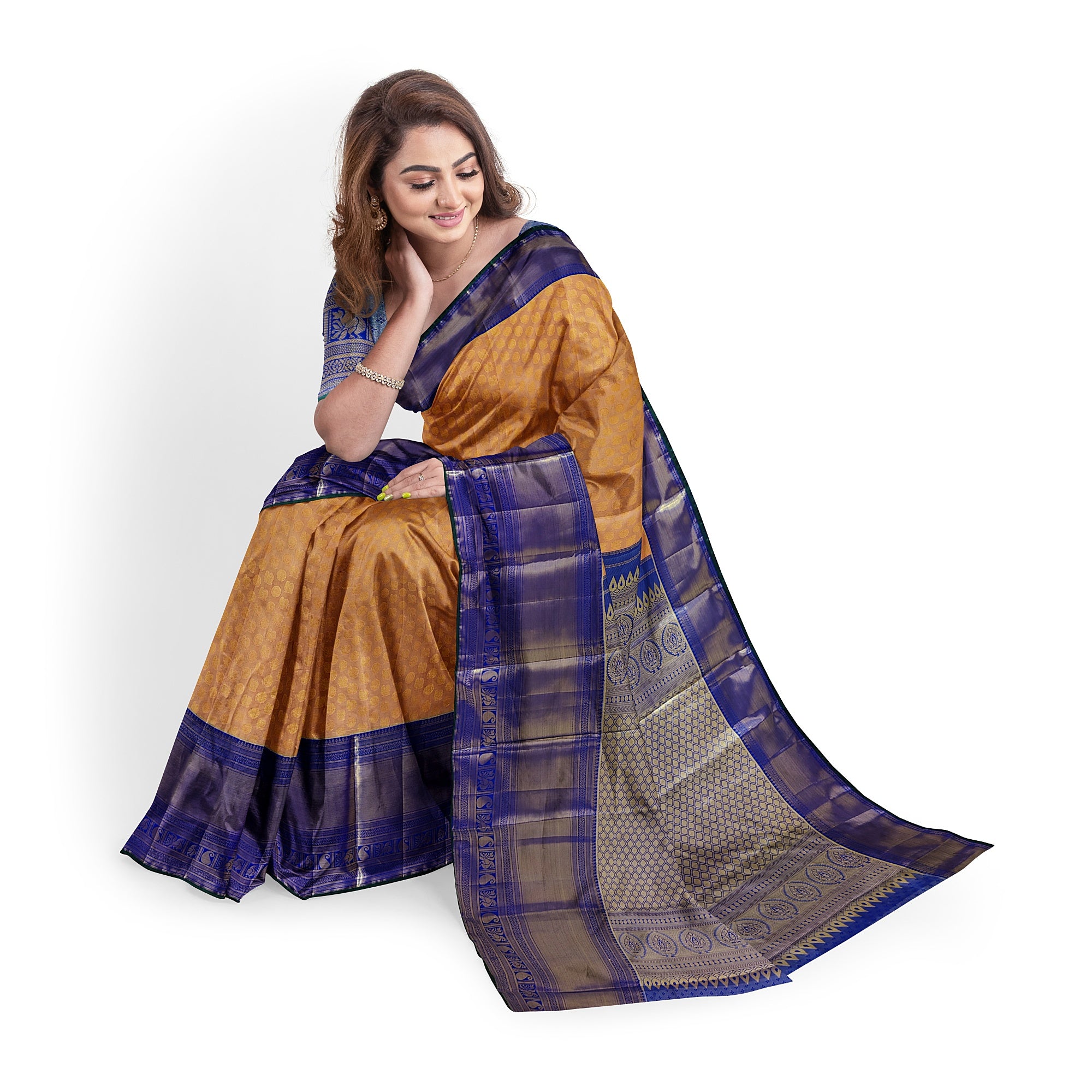Peach Semi Tissue Silk Saree with Navy Blue Border – Traditional Elegance