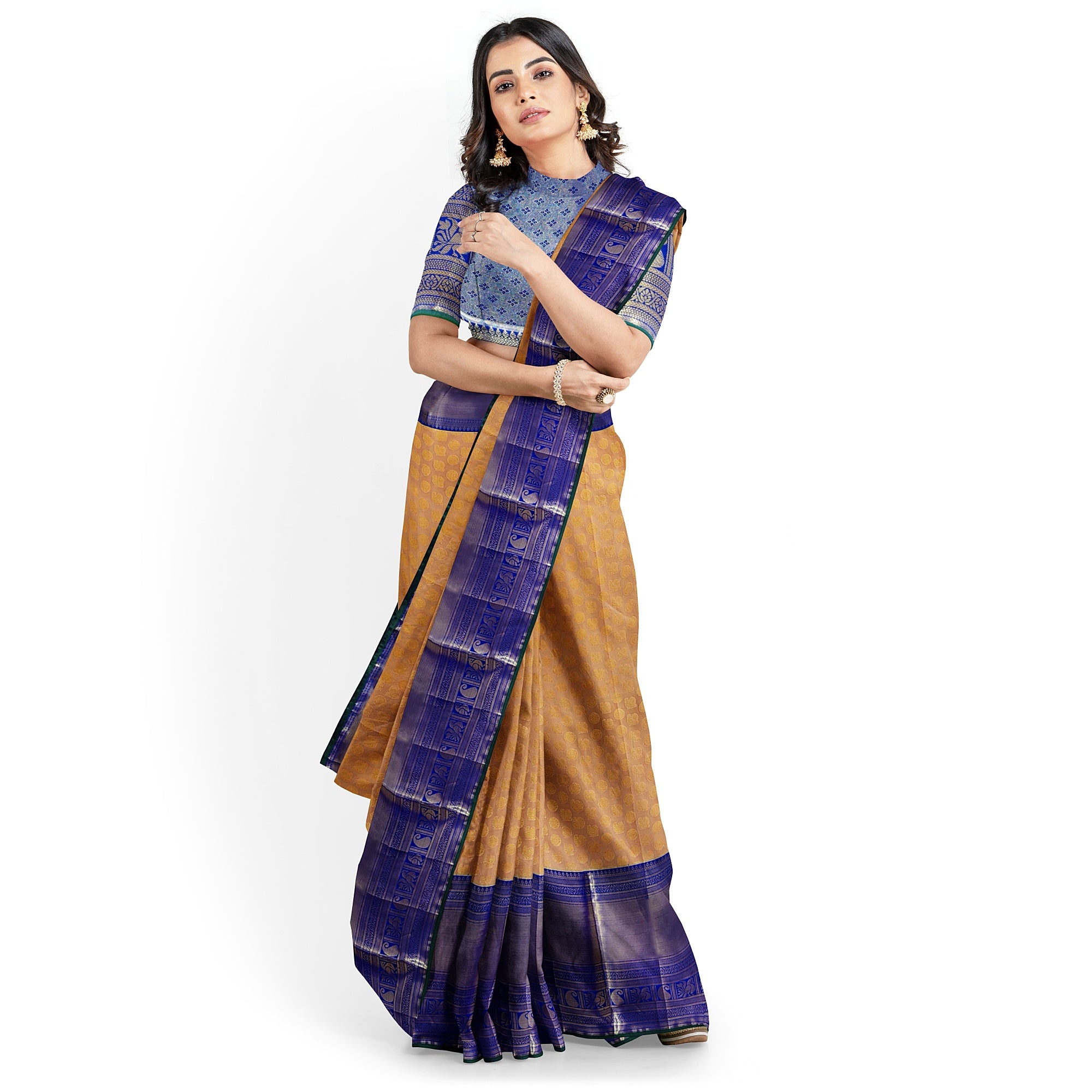 Peach Semi Tissue Silk Saree with Navy Blue Border – Traditional Elegance