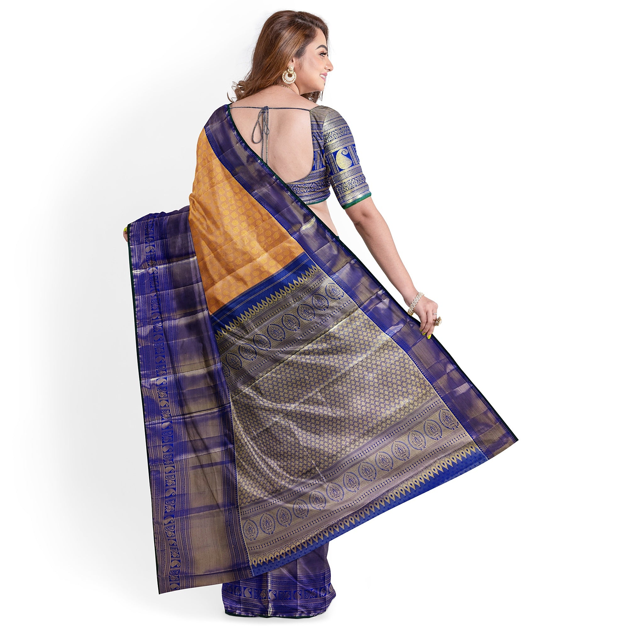 Peach Semi Tissue Silk Saree with Navy Blue Border – Traditional Elegance