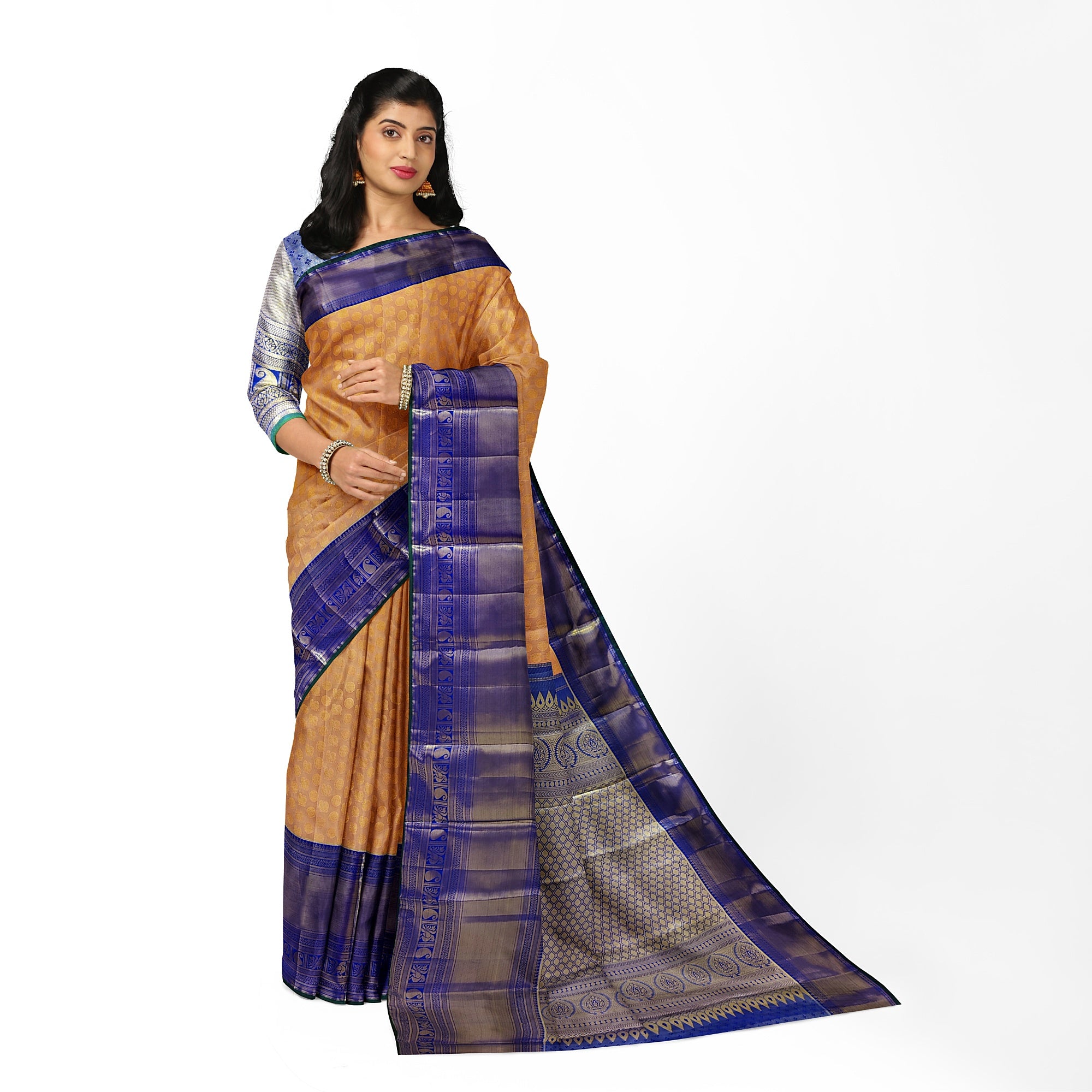 Peach Semi Tissue Silk Saree with Navy Blue Border – Traditional Elegance