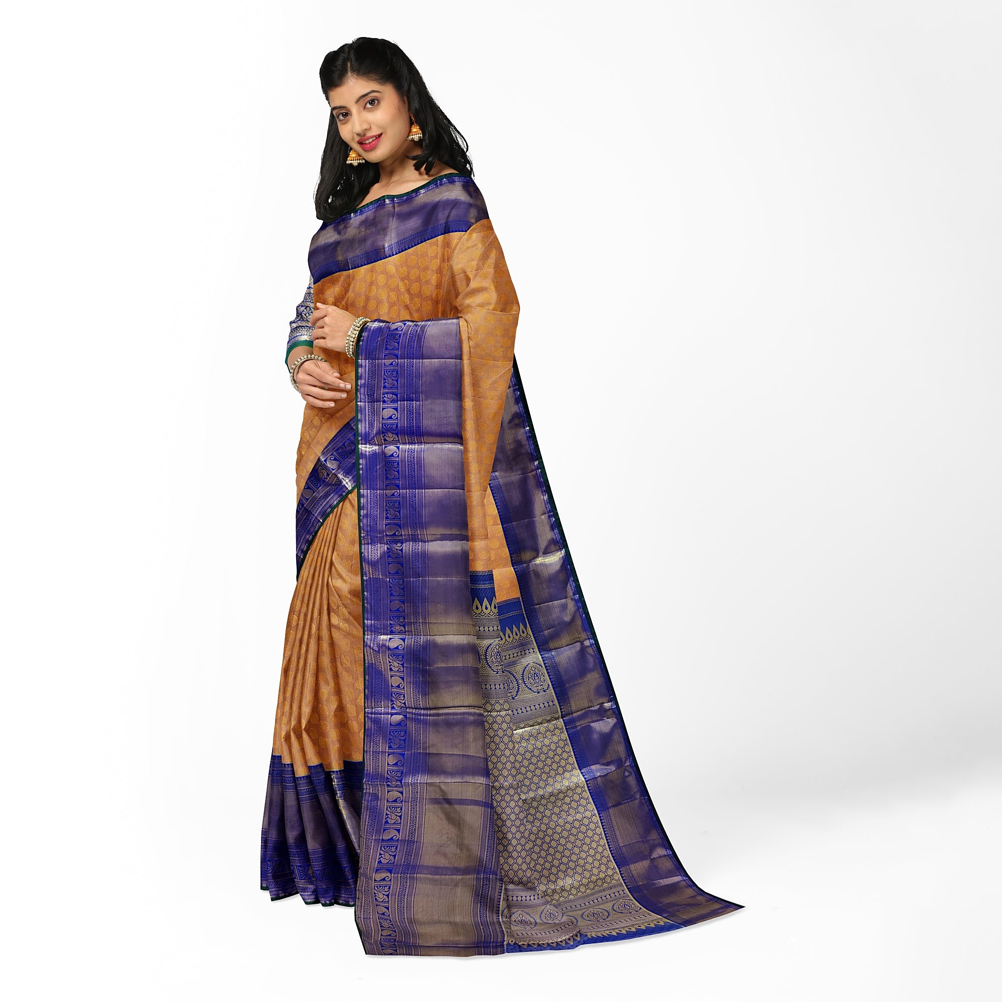 Peach Semi Tissue Silk Saree with Navy Blue Border – Traditional Elegance