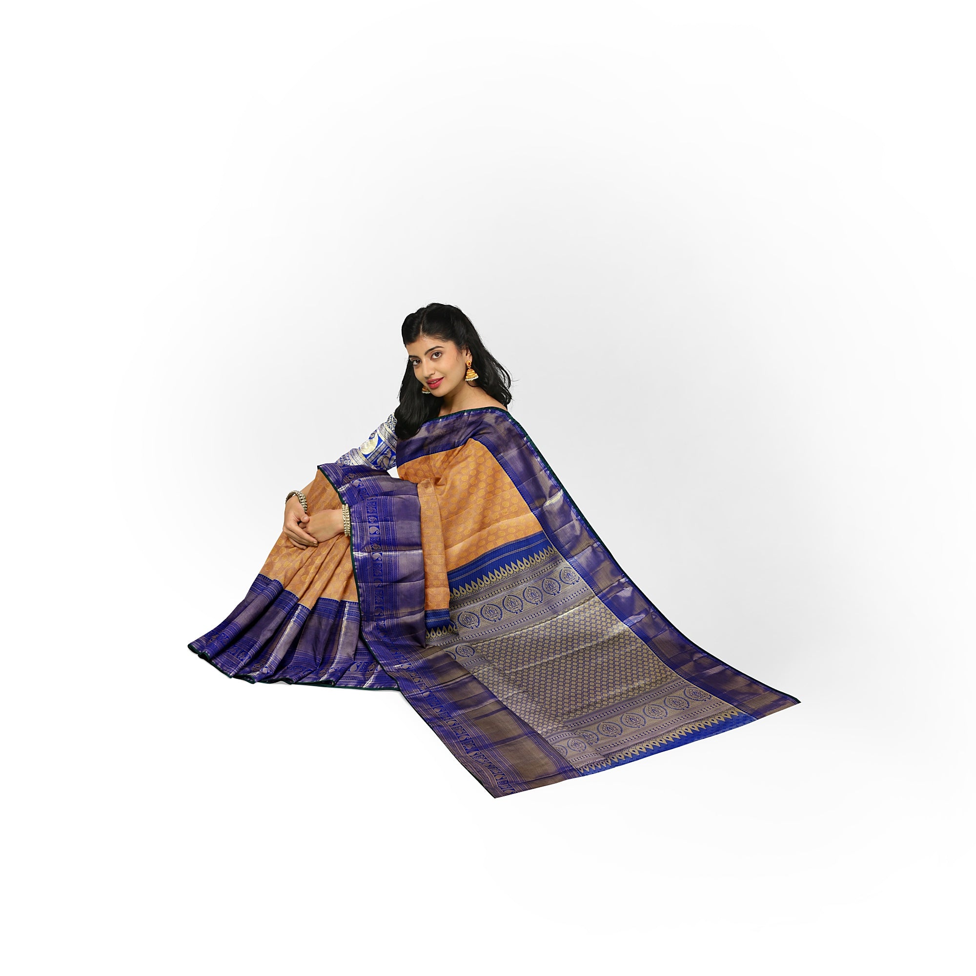 Peach Semi Tissue Silk Saree with Navy Blue Border – Traditional Elegance