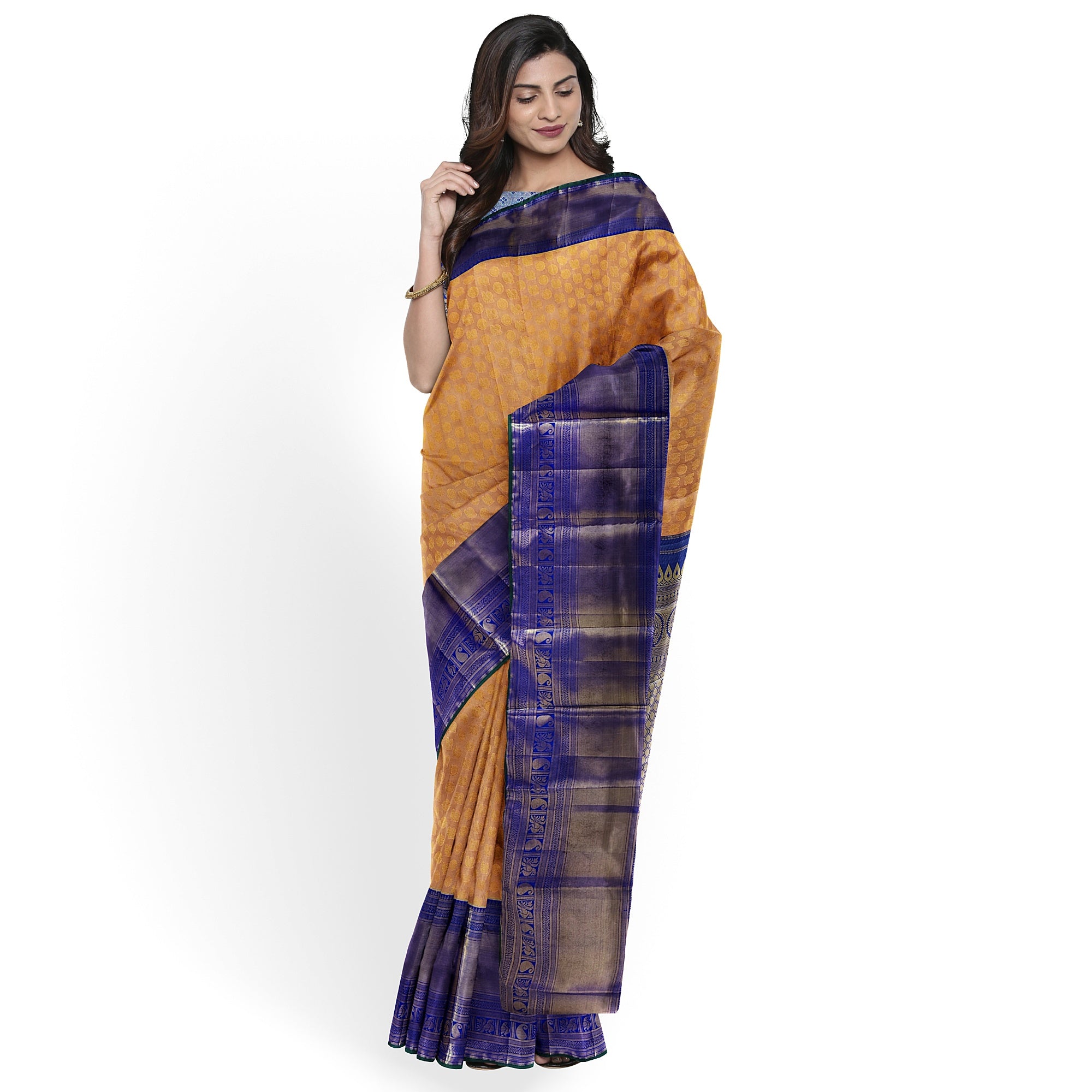 Peach Semi Tissue Silk Saree with Navy Blue Border – Traditional Elegance