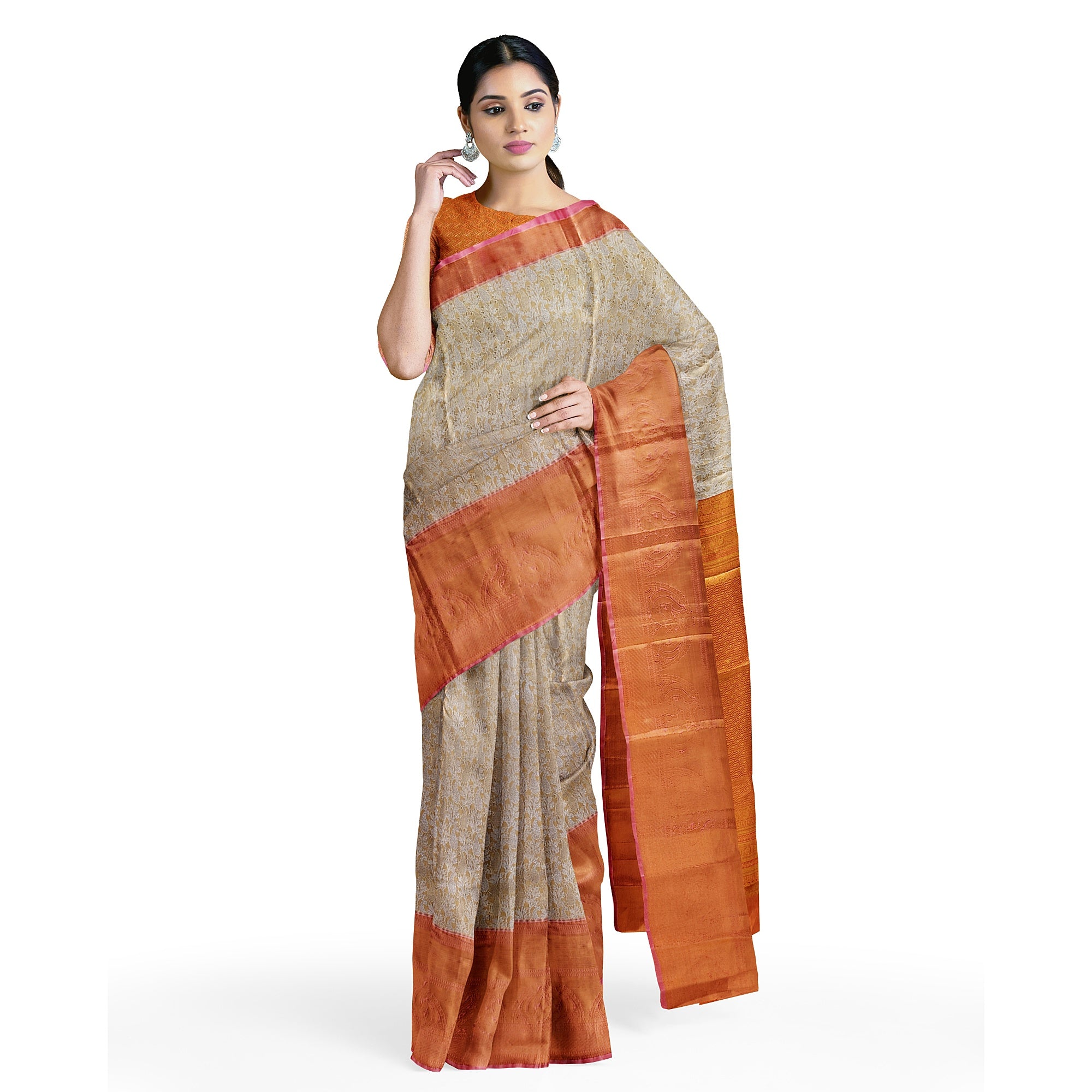 Goldish Cream with Peach Border – Fancy Wedding Wear Saree