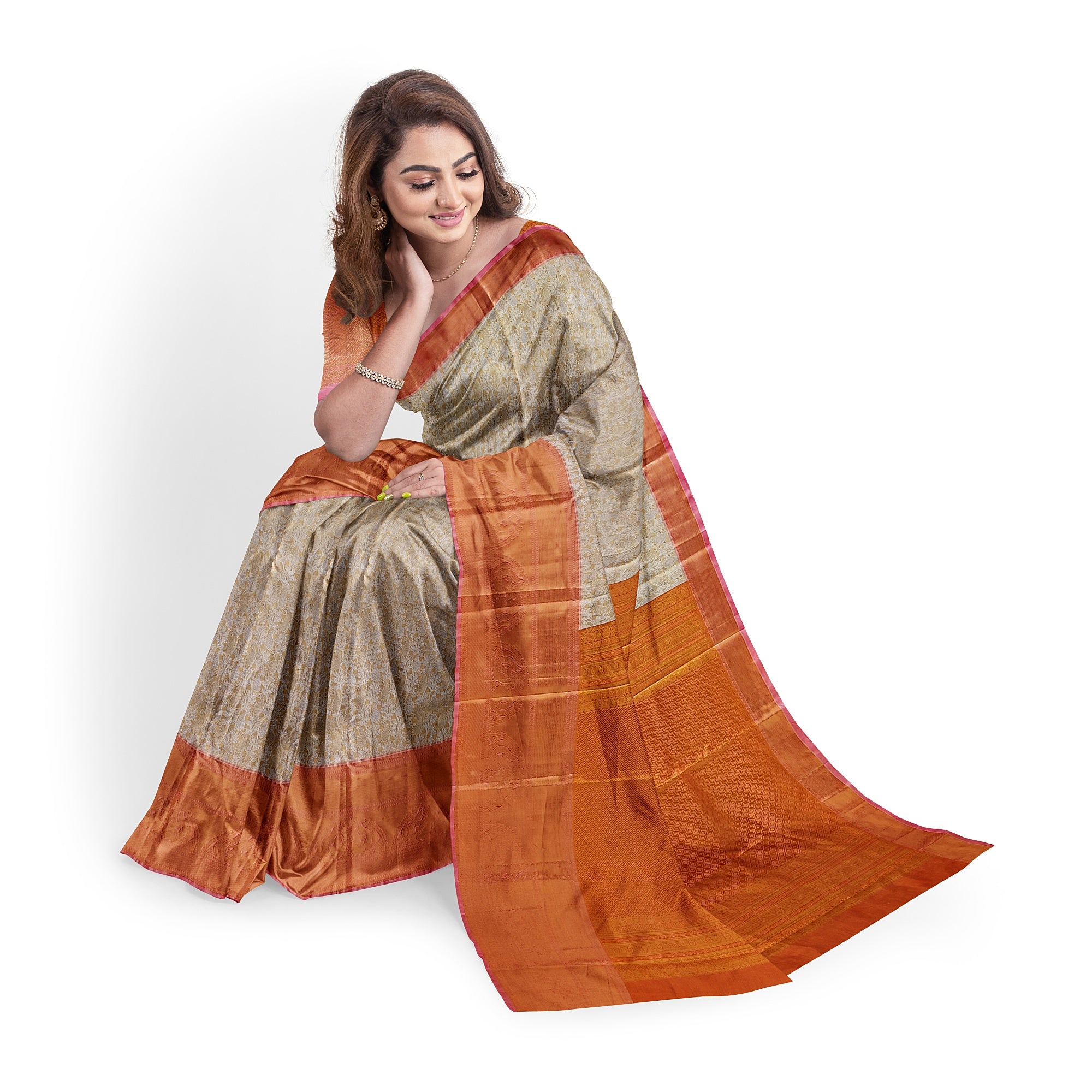 Goldish Cream with Peach Border – Fancy Wedding Wear Saree