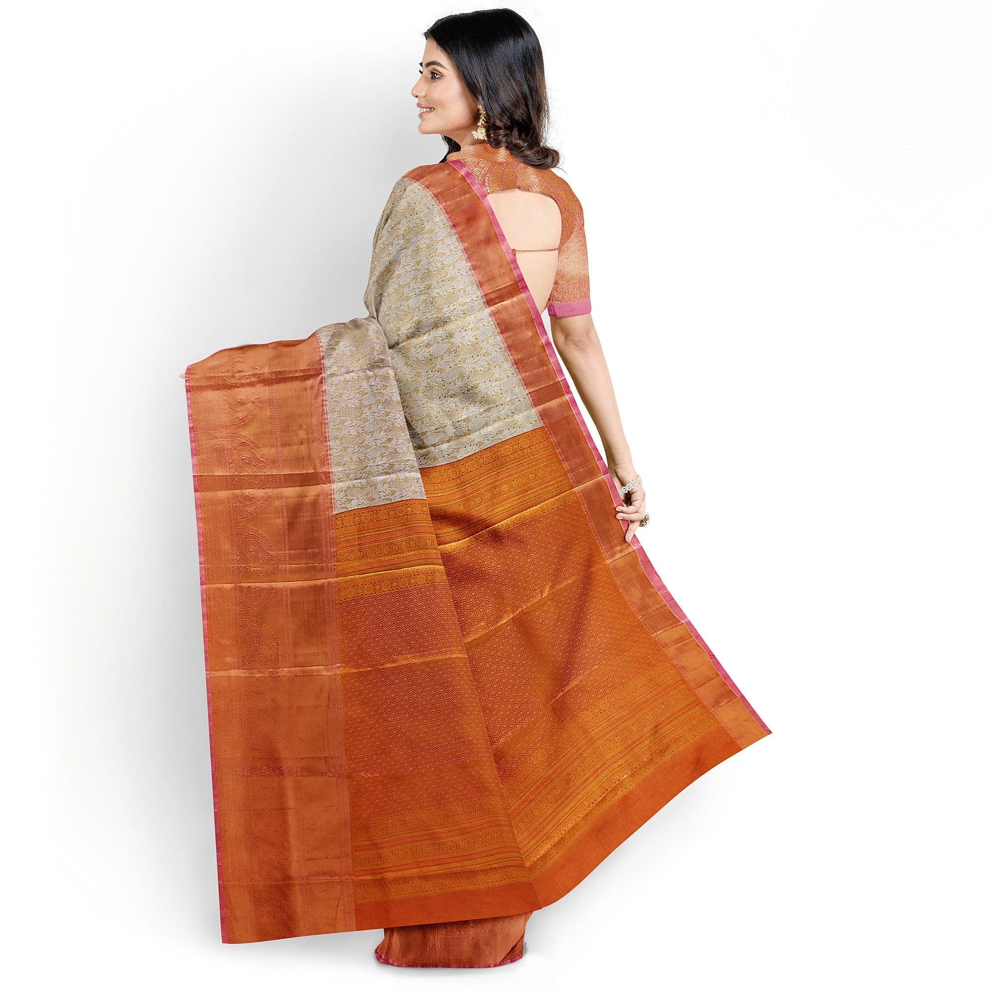 Goldish Cream with Peach Border – Fancy Wedding Wear Saree