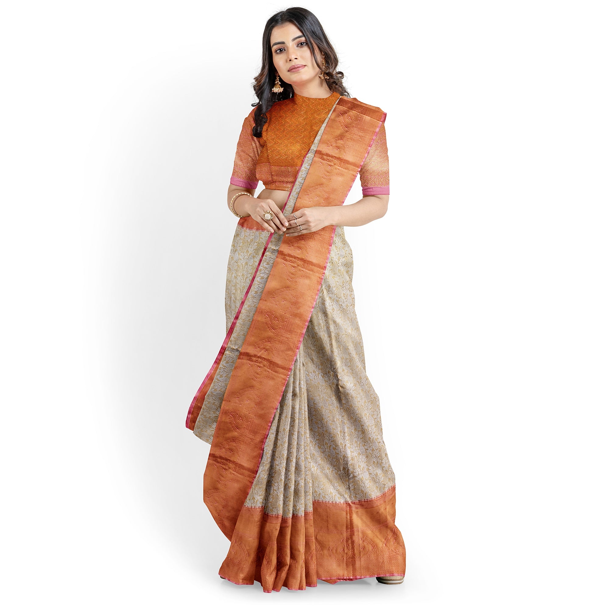 Goldish Cream with Peach Border – Fancy Wedding Wear Saree