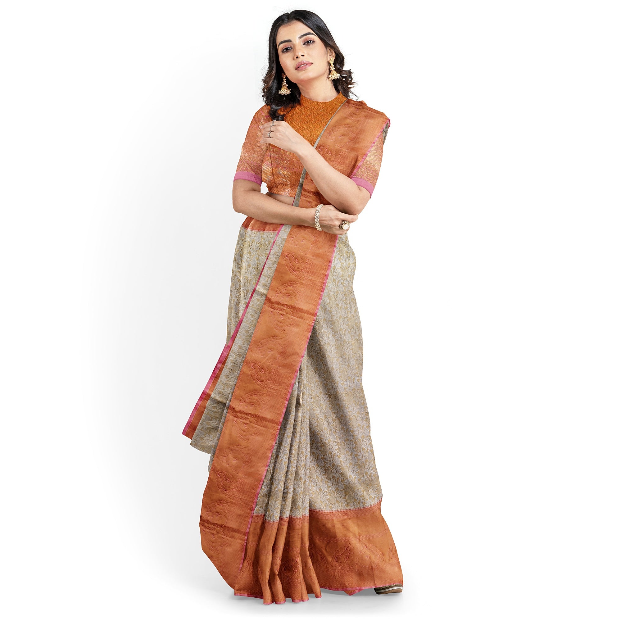 Goldish Cream with Peach Border – Fancy Wedding Wear Saree