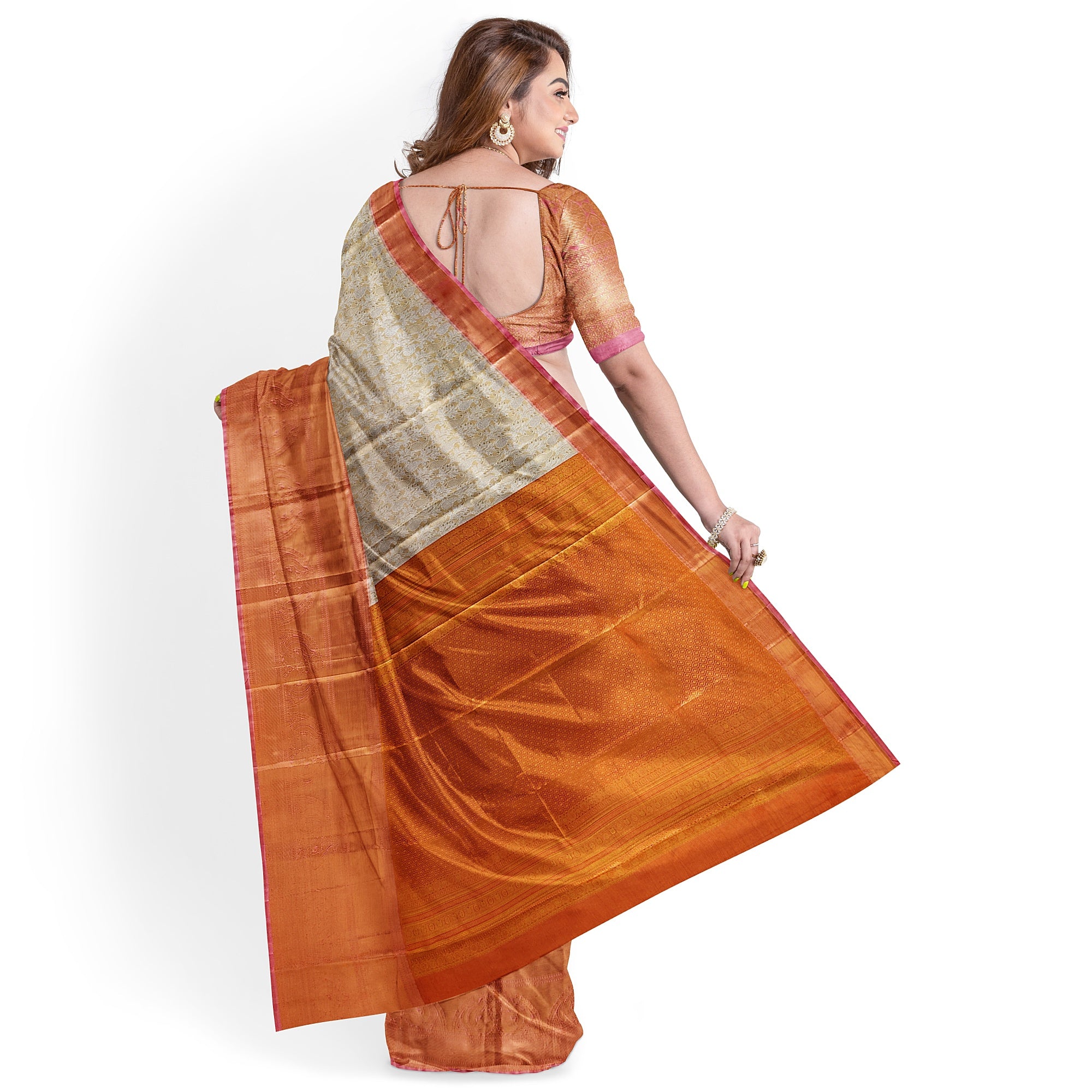 Goldish Cream with Peach Border – Fancy Wedding Wear Saree