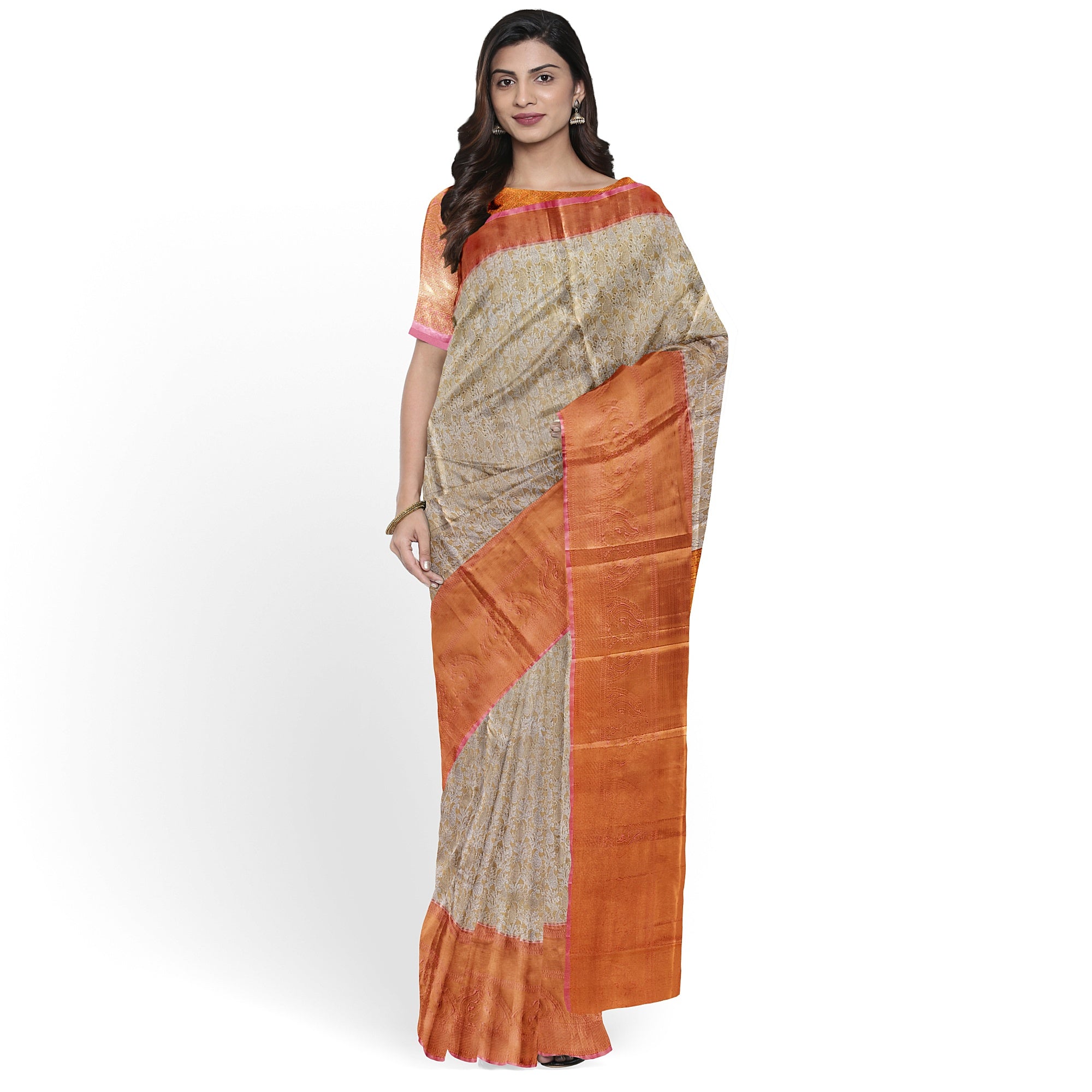 Goldish Cream with Peach Border – Fancy Wedding Wear Saree
