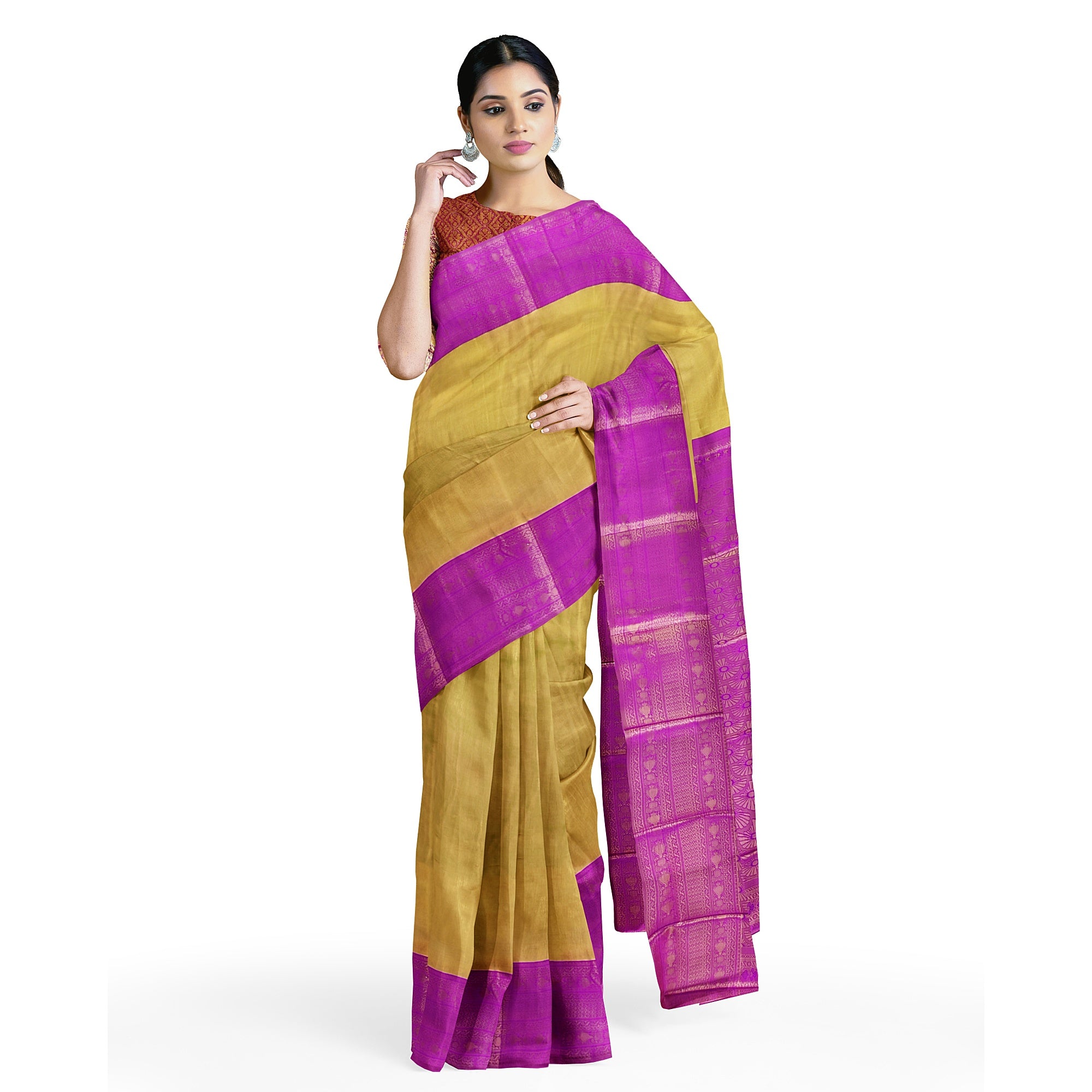 Gold with Light purple Saree – Gold Zari Work for a Royal Look
