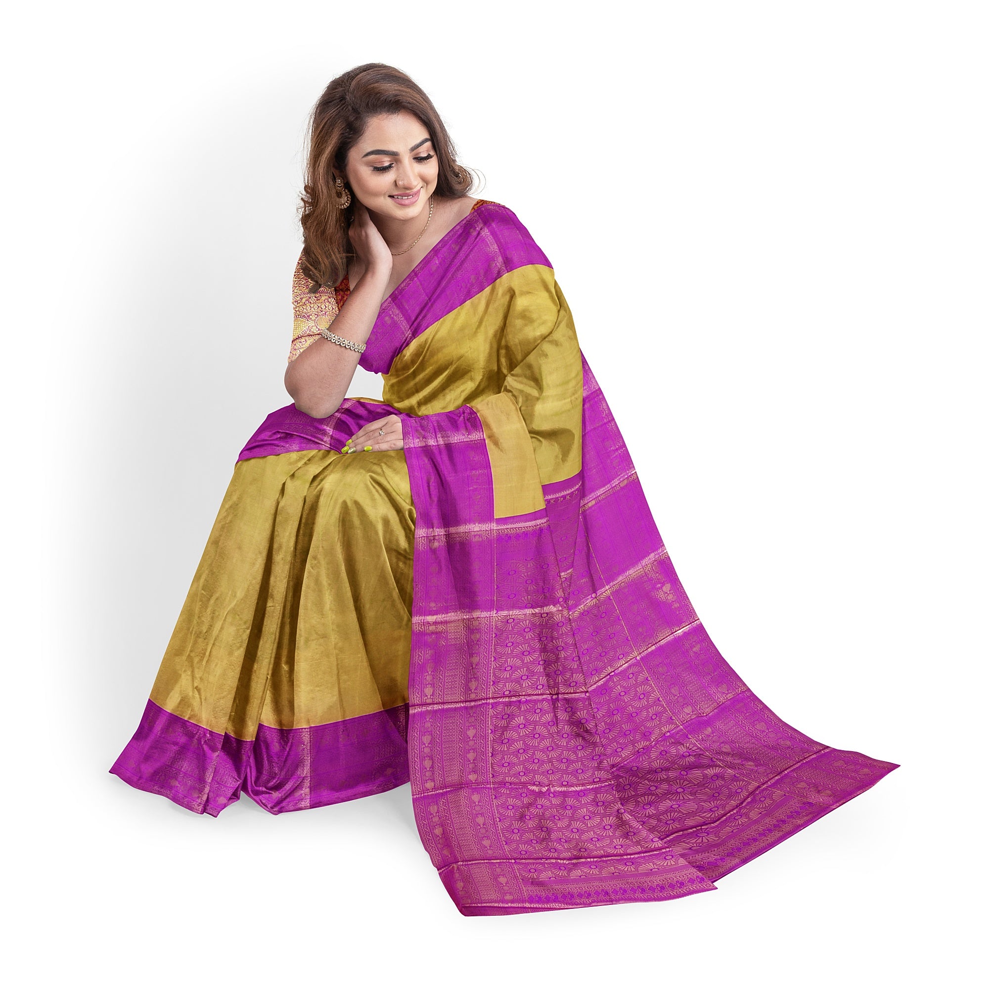 Gold with Light purple Saree – Gold Zari Work for a Royal Look