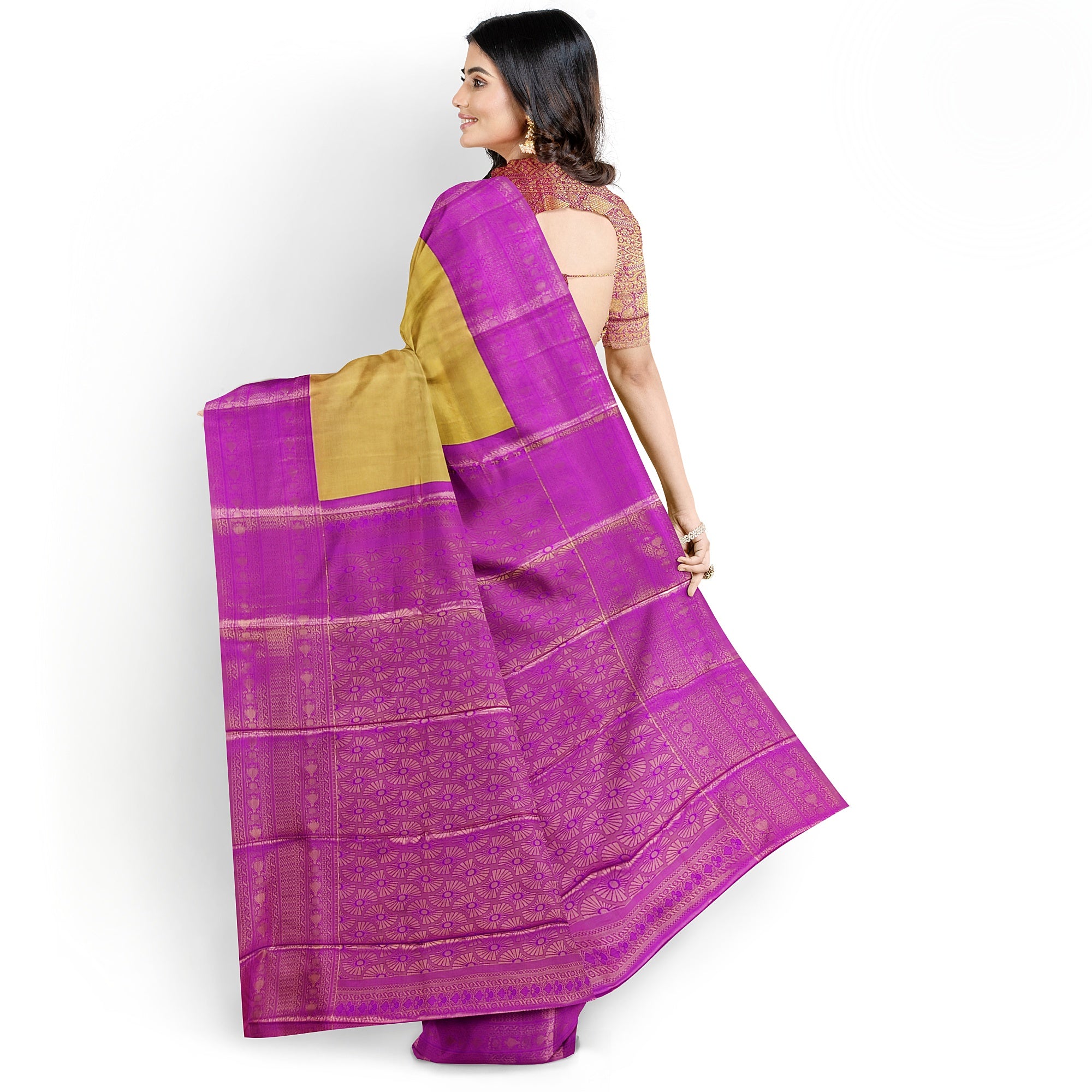 Gold with Light purple Saree – Gold Zari Work for a Royal Look