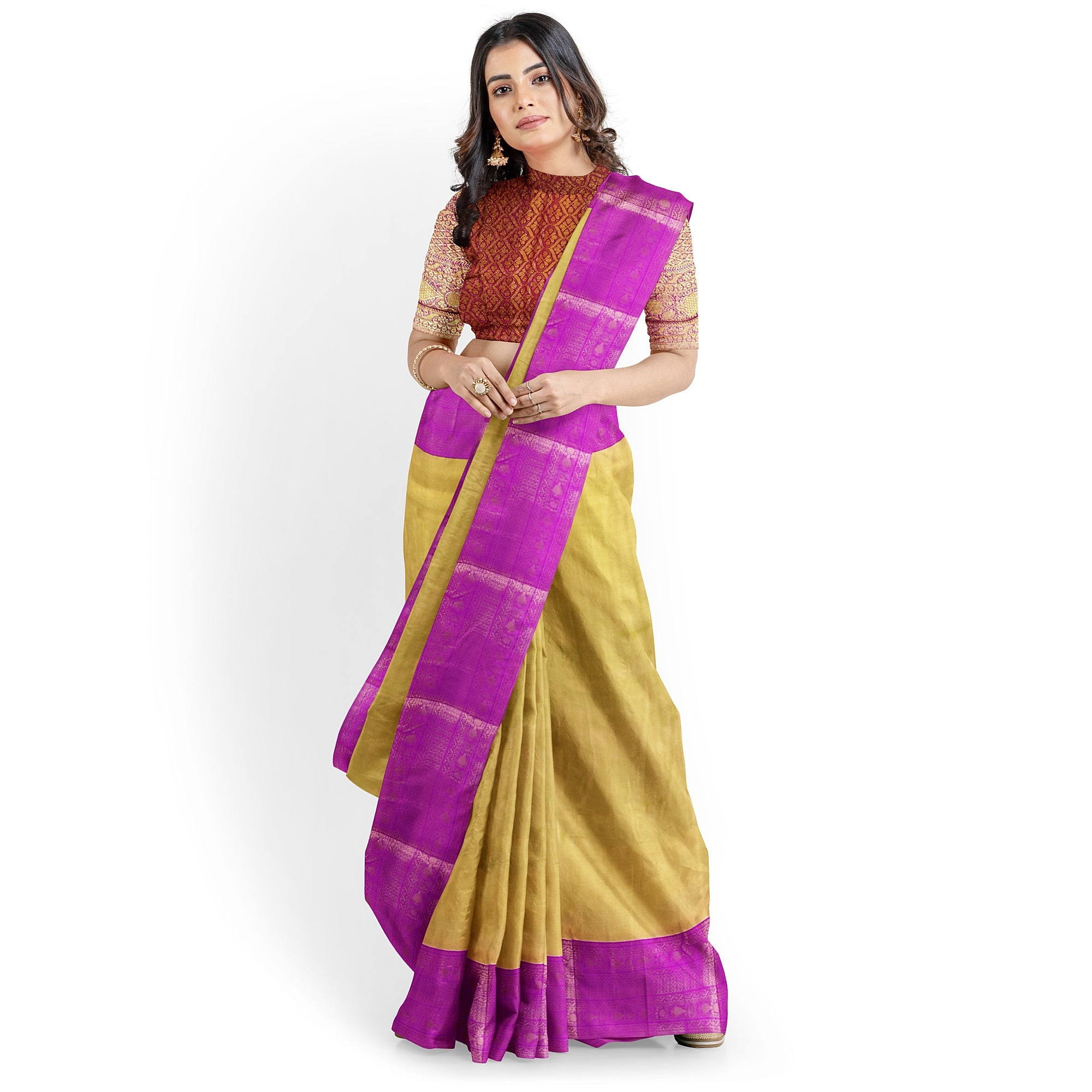 Gold with Light purple Saree – Gold Zari Work for a Royal Look