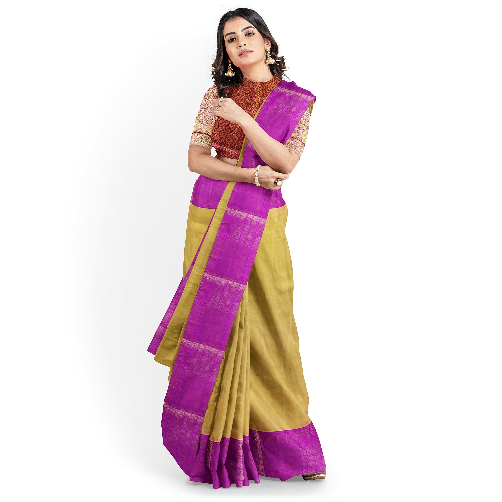 Gold with Light purple Saree – Gold Zari Work for a Royal Look