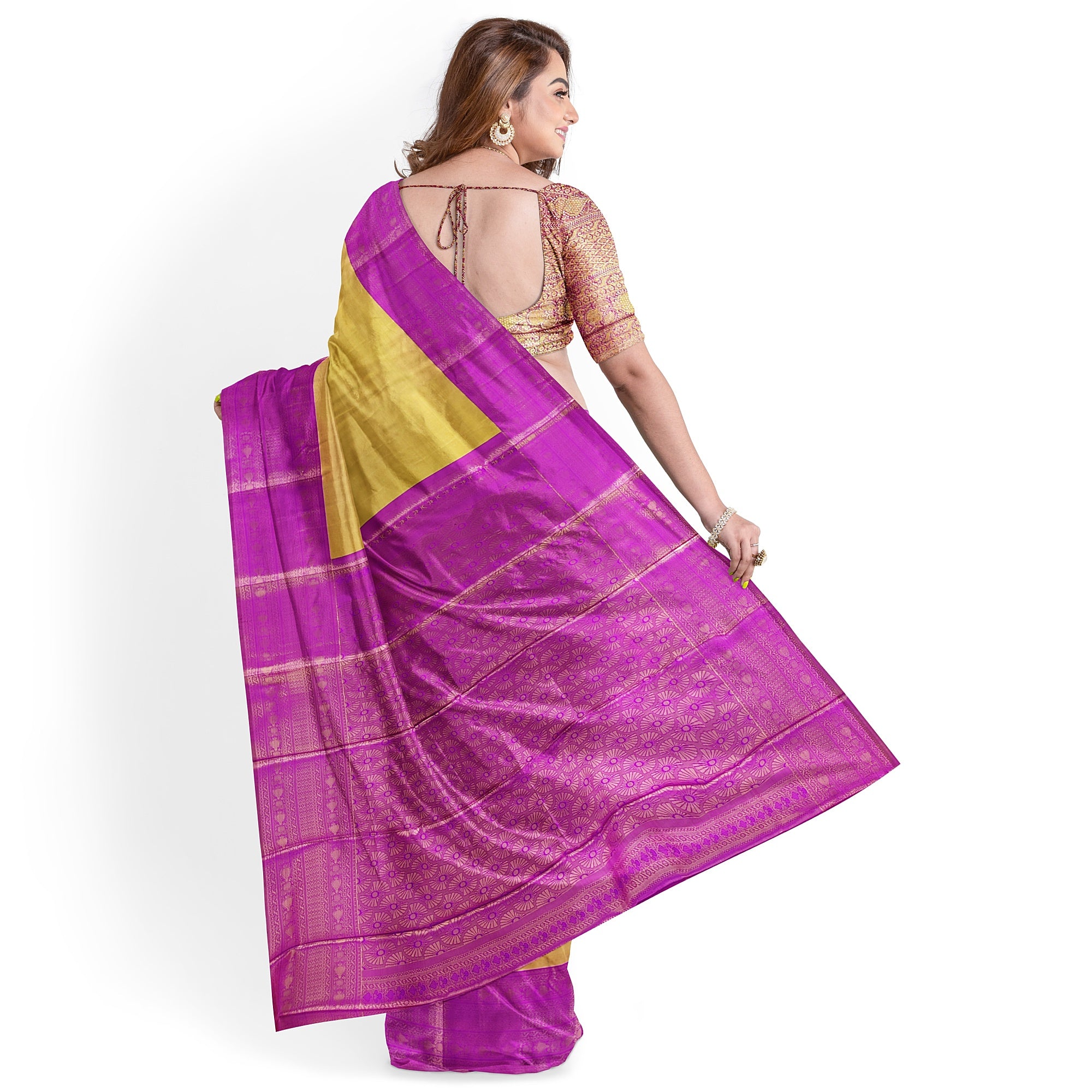 Gold with Light purple Saree – Gold Zari Work for a Royal Look