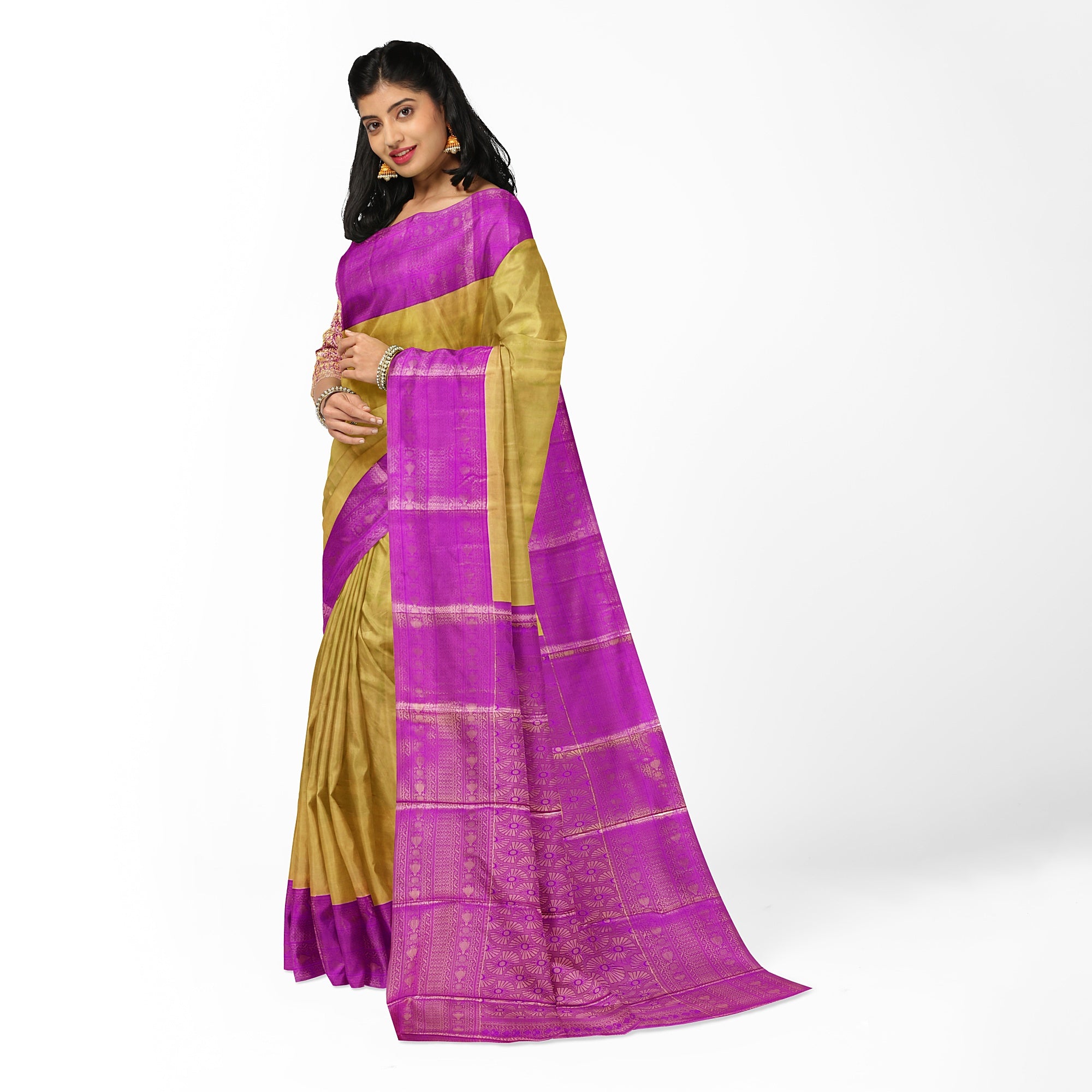 Gold with Light purple Saree – Gold Zari Work for a Royal Look