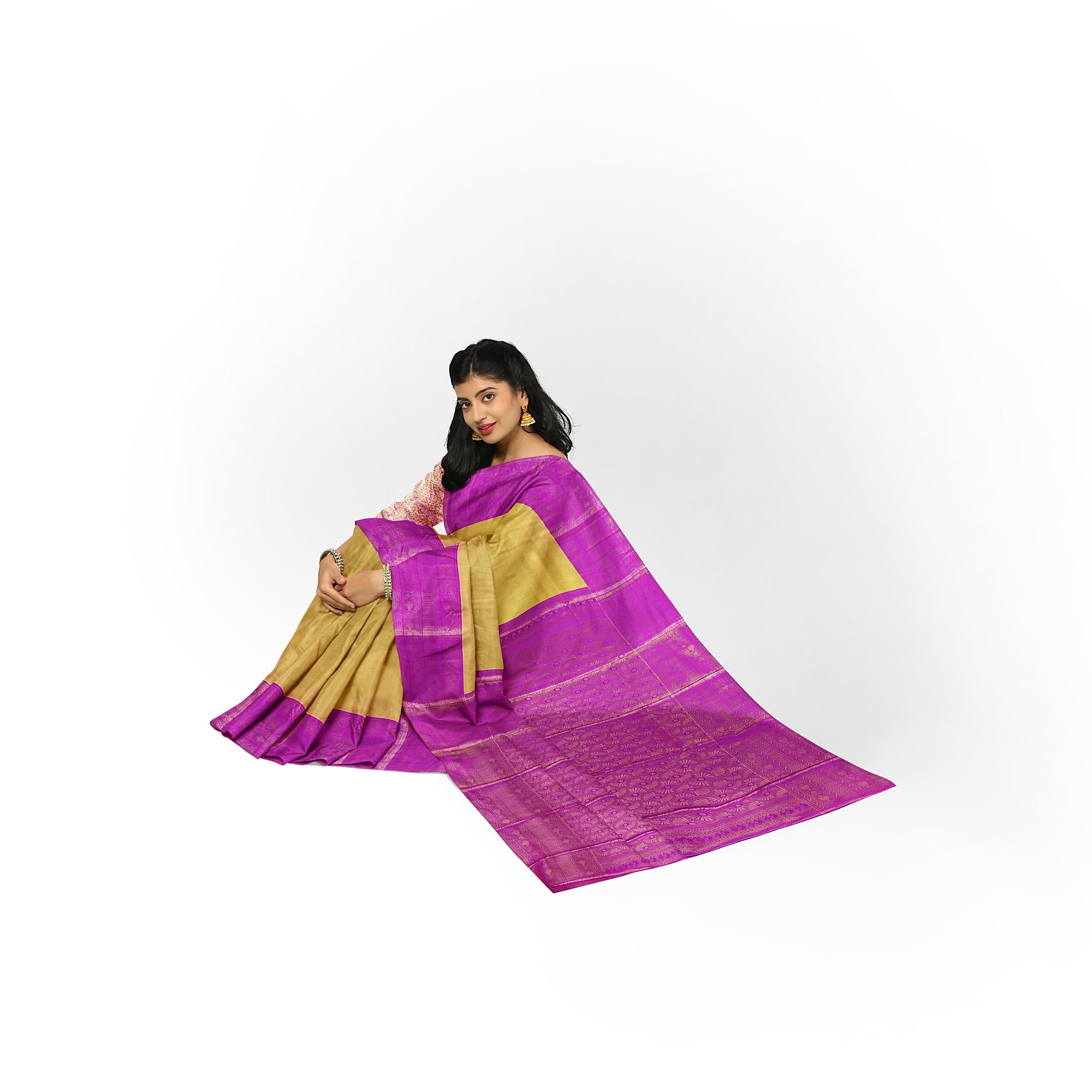 Gold with Light purple Saree – Gold Zari Work for a Royal Look
