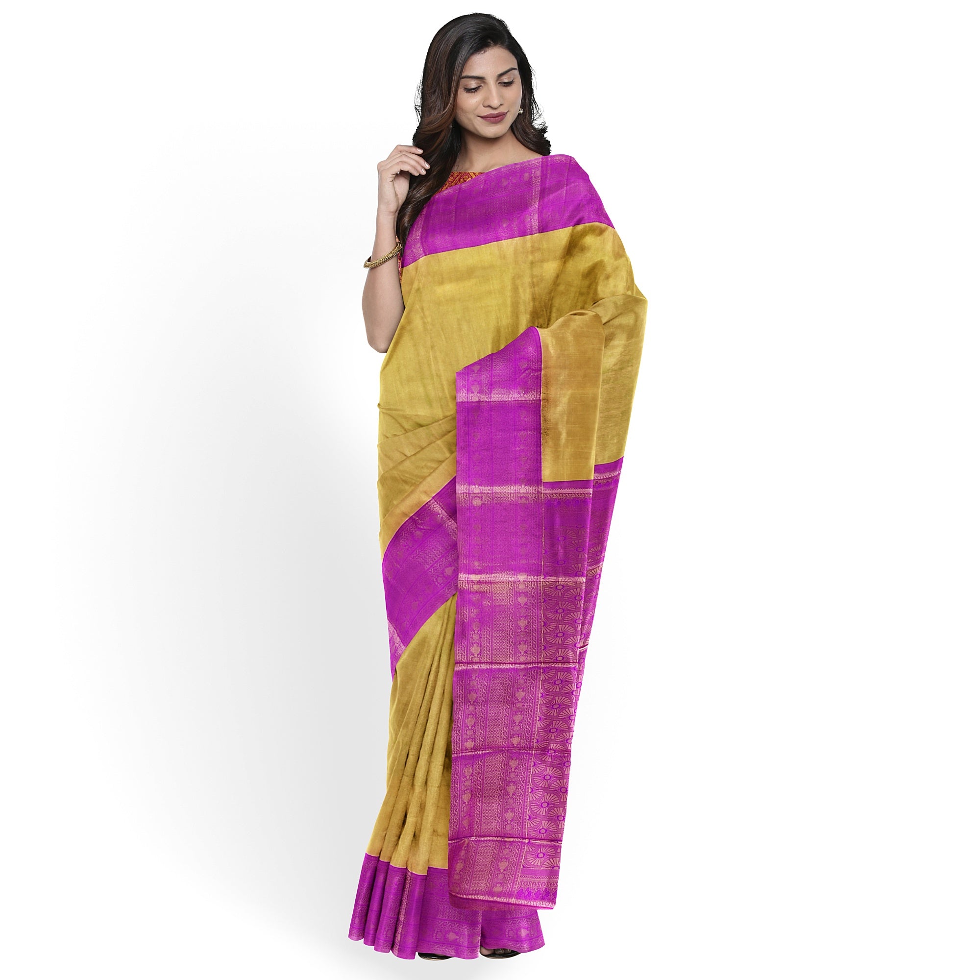 Gold with Light purple Saree – Gold Zari Work for a Royal Look
