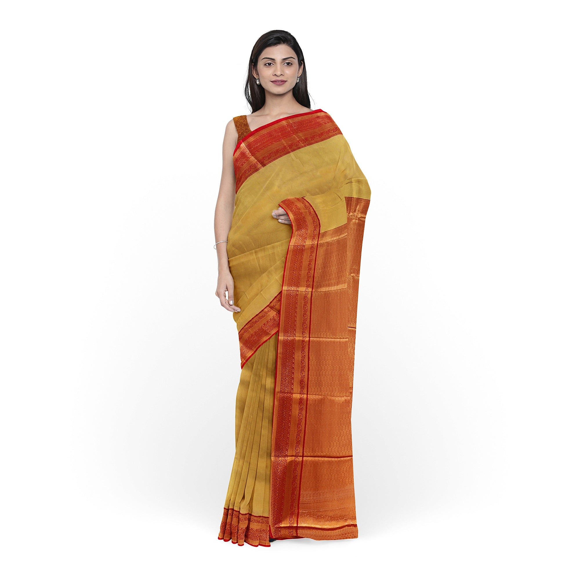 Gold Saree with Red Border – Grand Look