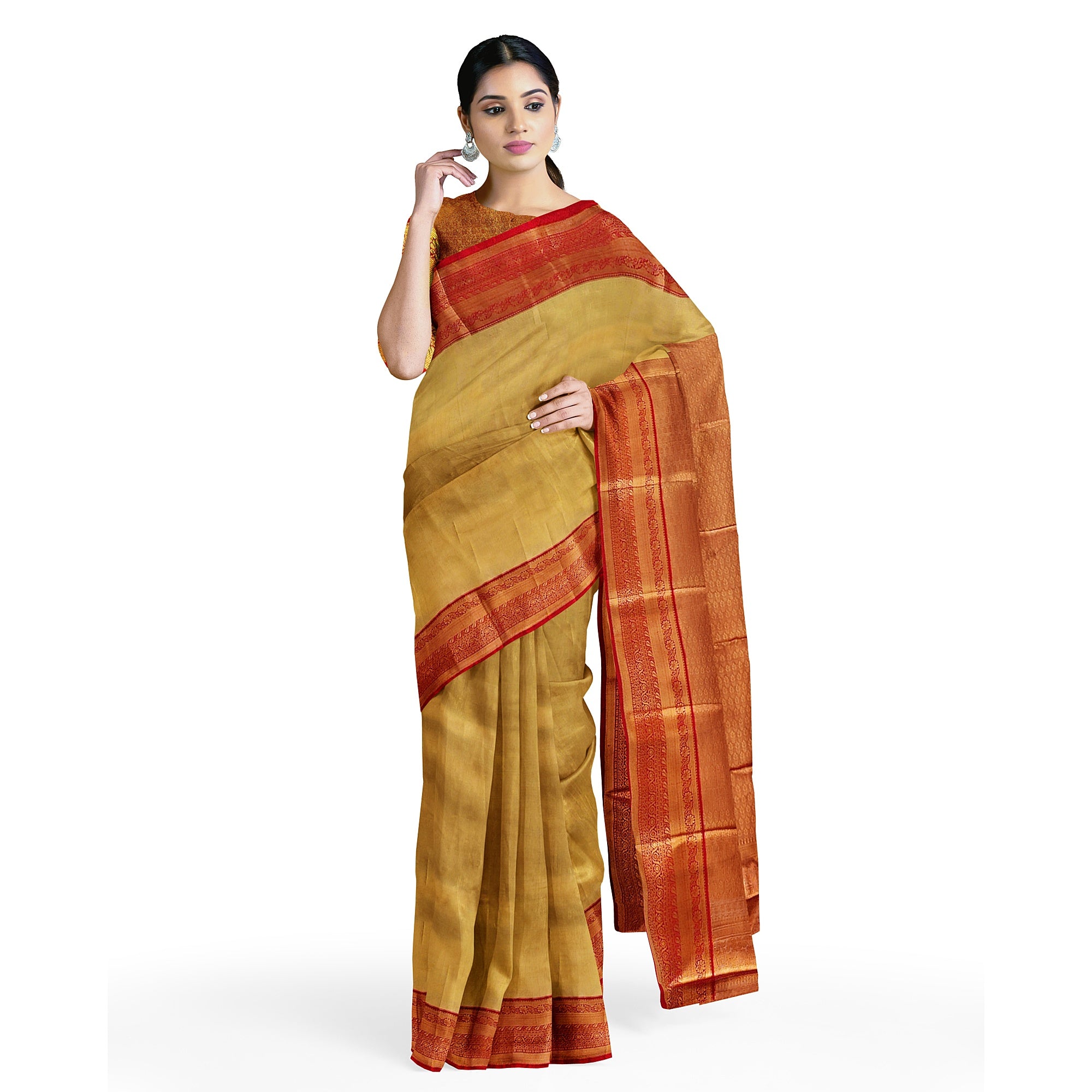 Gold Saree with Red Border – Grand Look