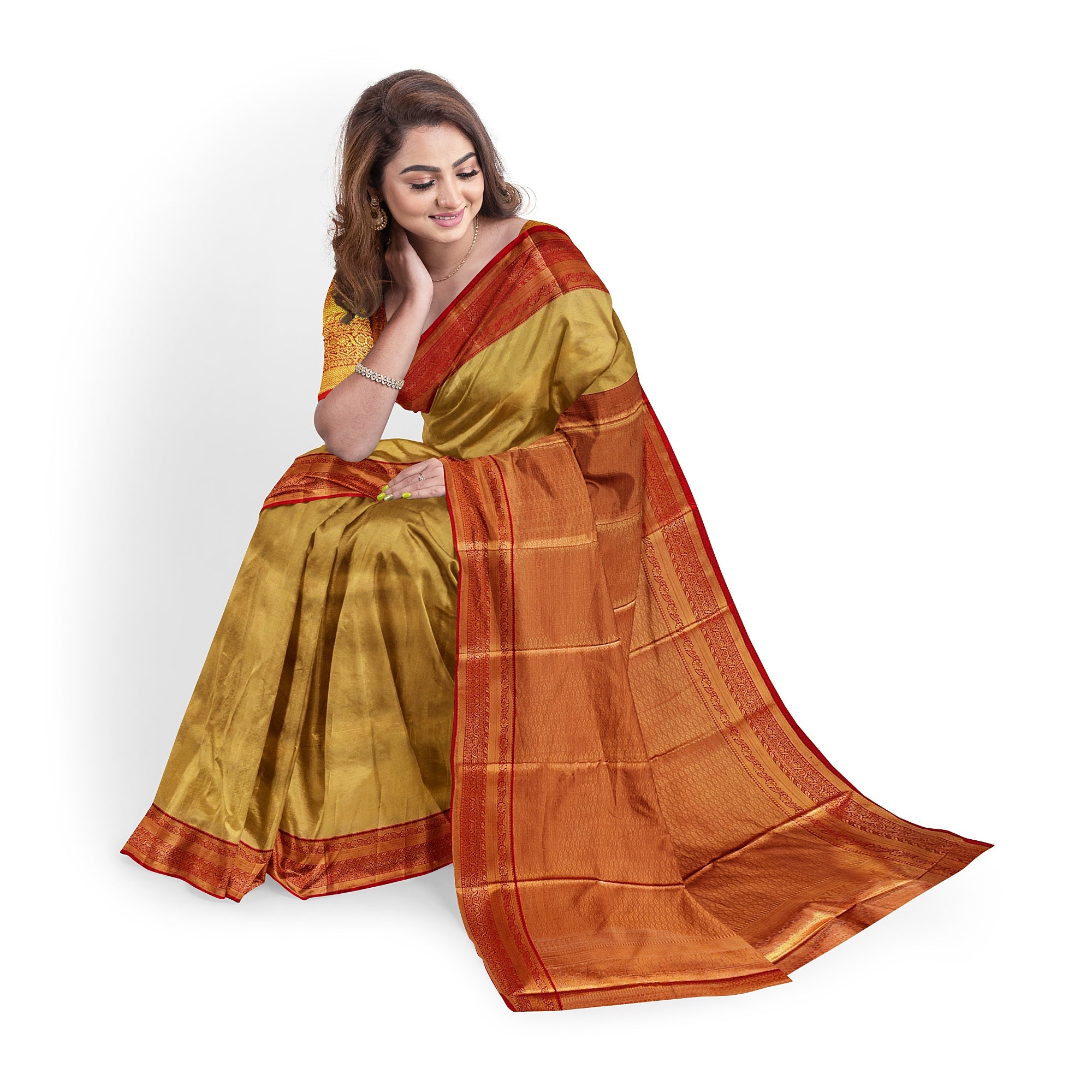 Gold Saree with Red Border – Grand Look