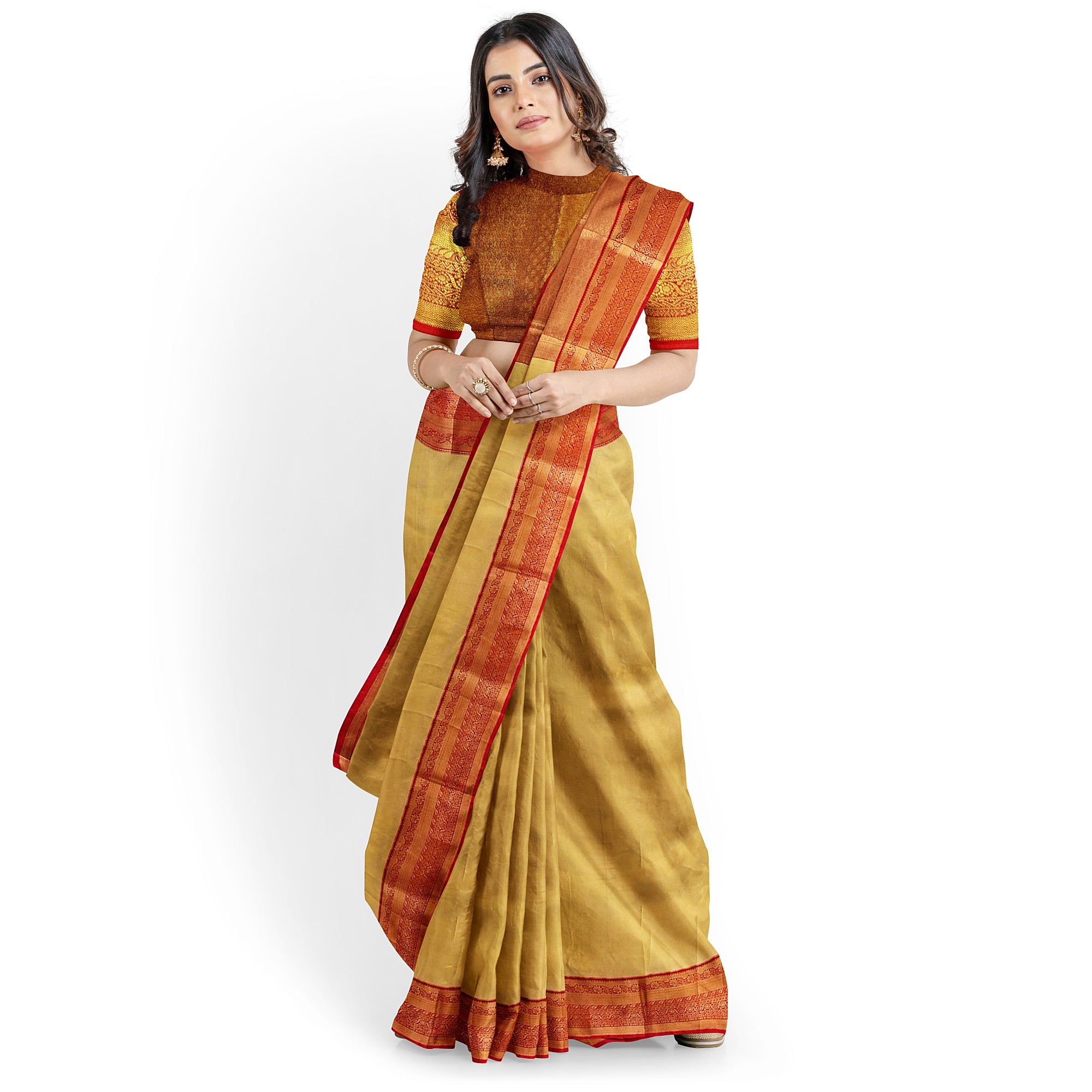 Gold Saree with Red Border – Grand Look