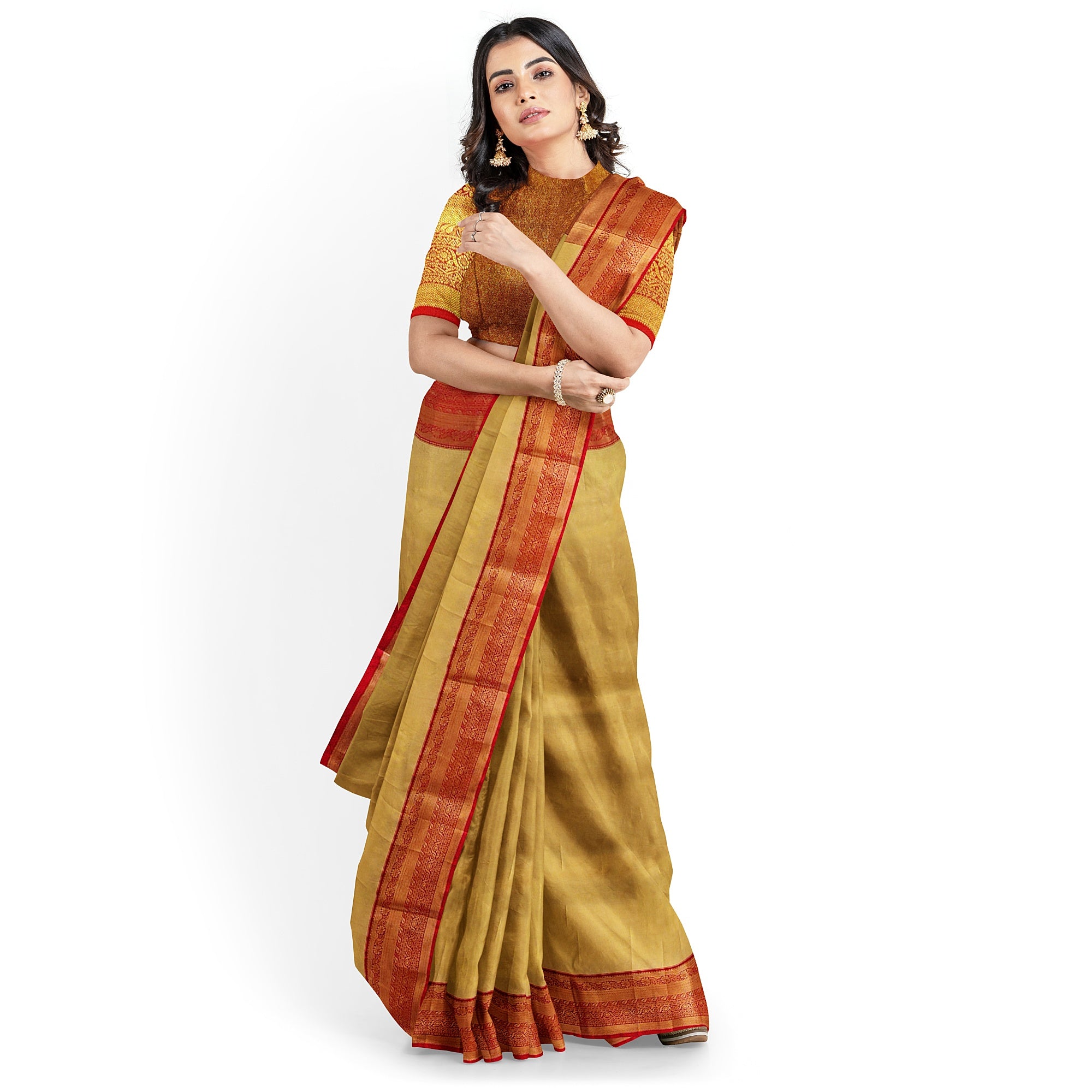 Gold Saree with Red Border – Grand Look