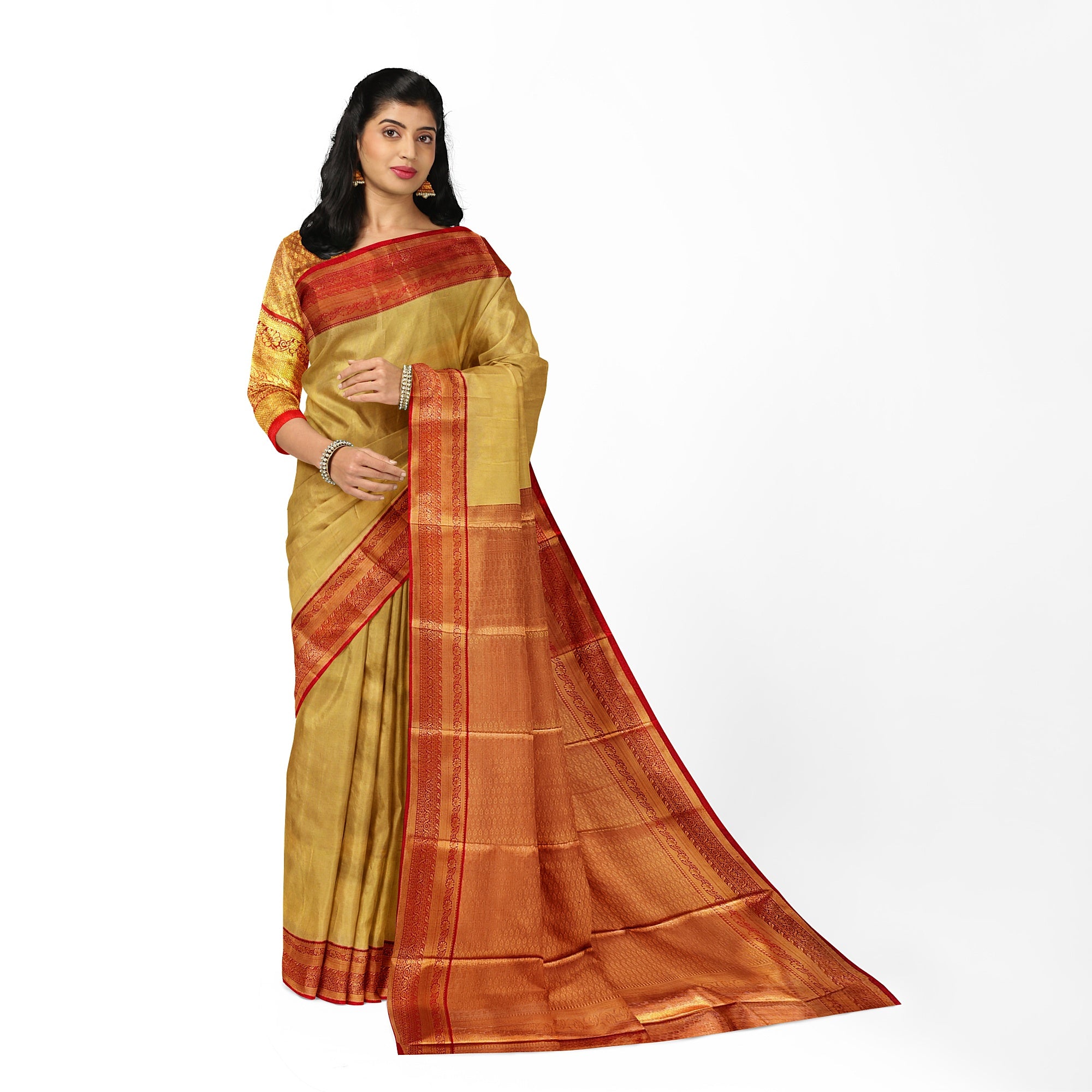 Gold Saree with Red Border – Grand Look