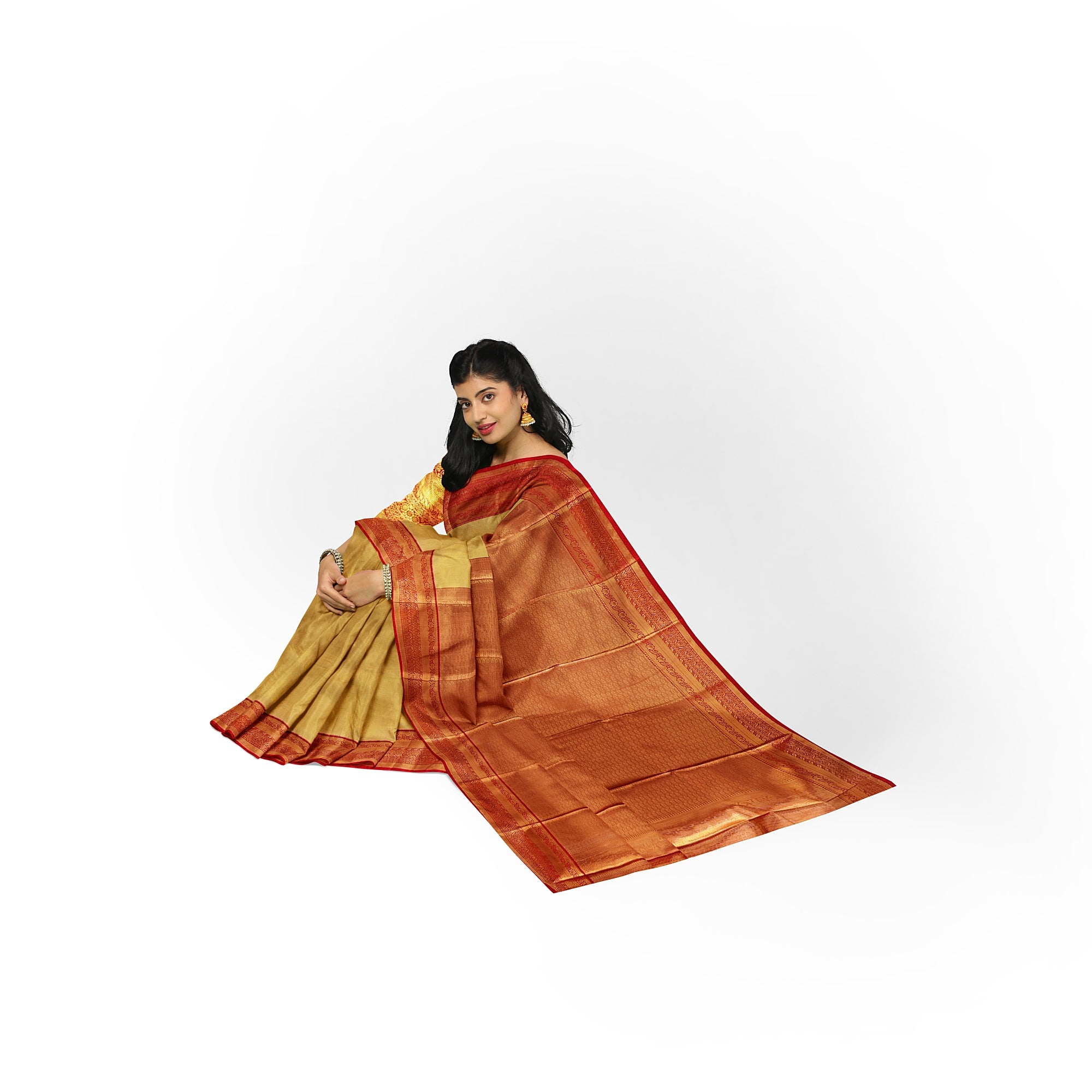 Gold Saree with Red Border – Grand Look