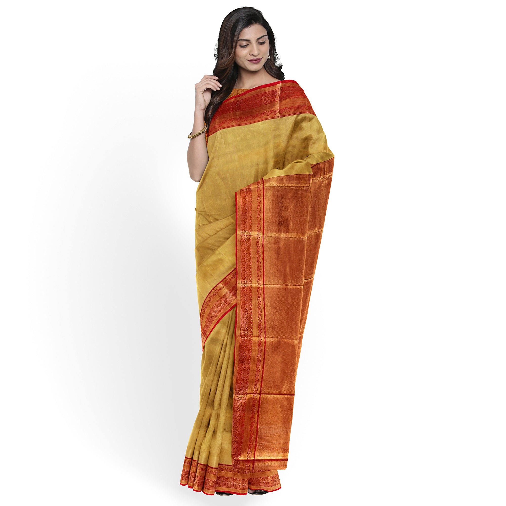 Gold Saree with Red Border – Grand Look