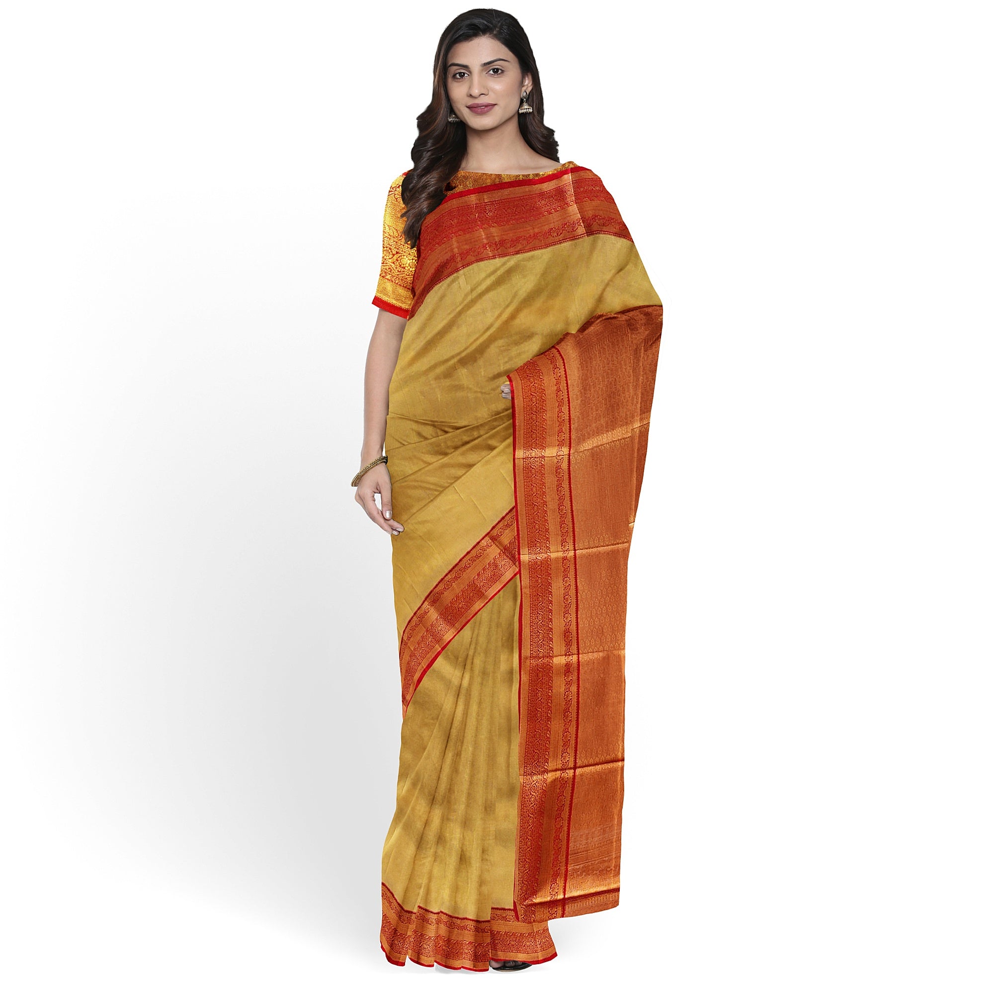 Gold Saree with Red Border – Grand Look