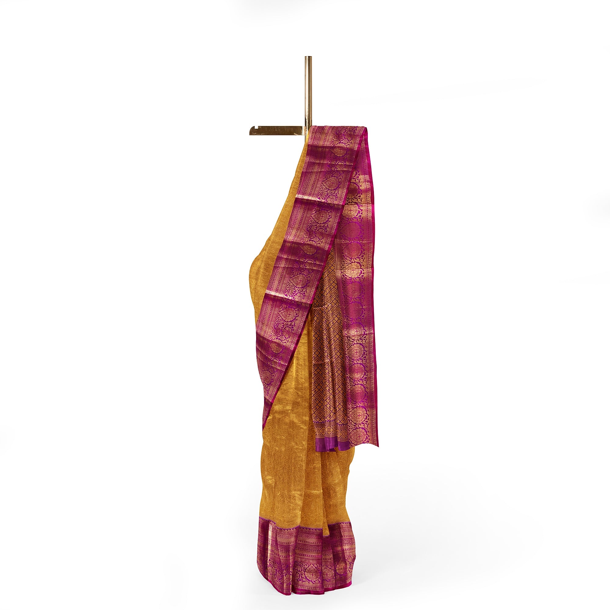 Gold Saree with Magenta Pink Border – Affordable Wedding Elegance